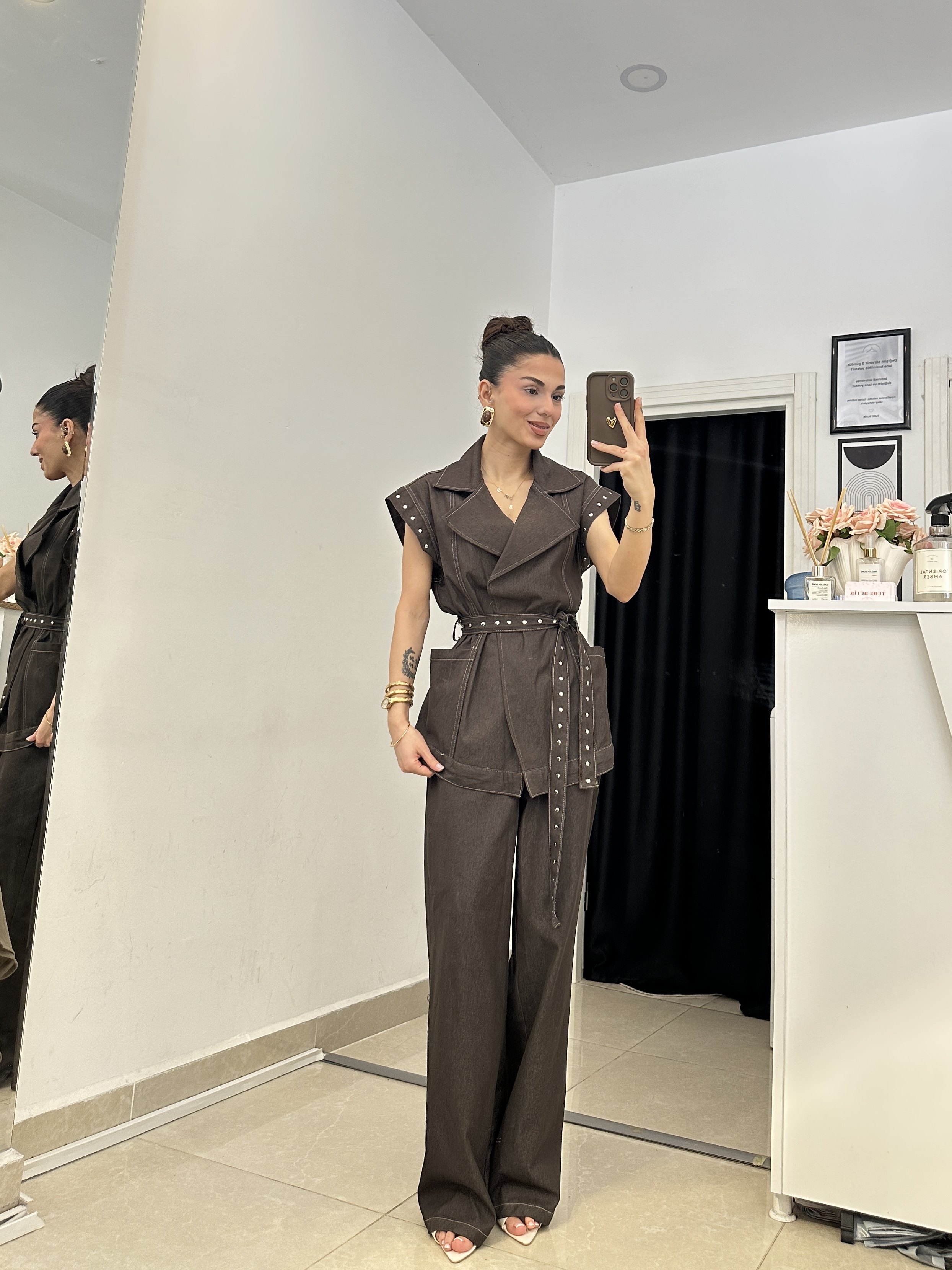 Premium Zımbalı Denim Kahverengi Yelek Takım