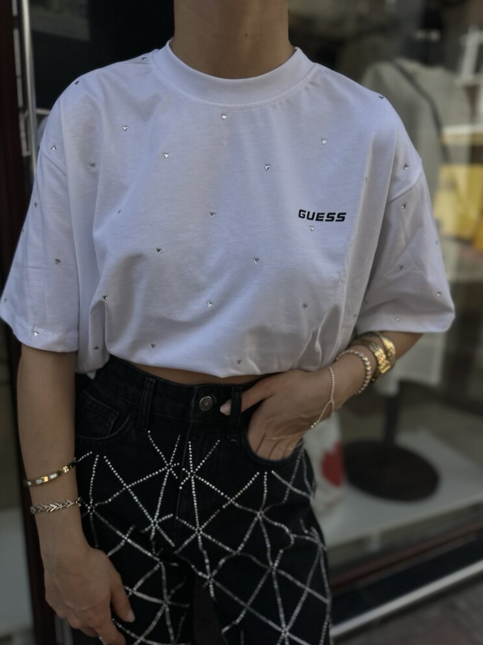 Taş İşlemeli Baskılı Beyaz T-shirt