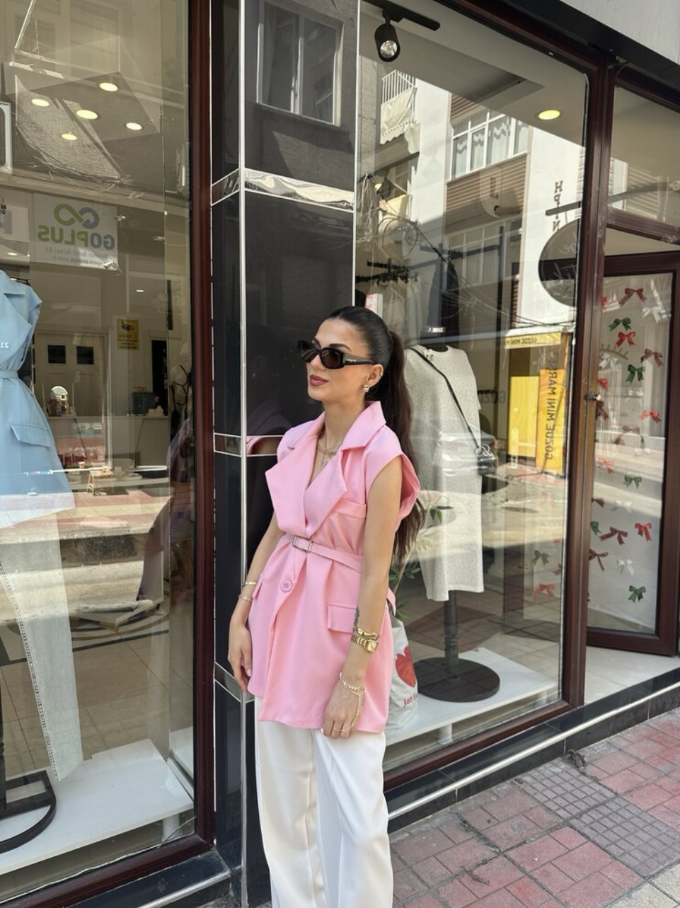 Premium Kemerli Pembe Blazer Yelek