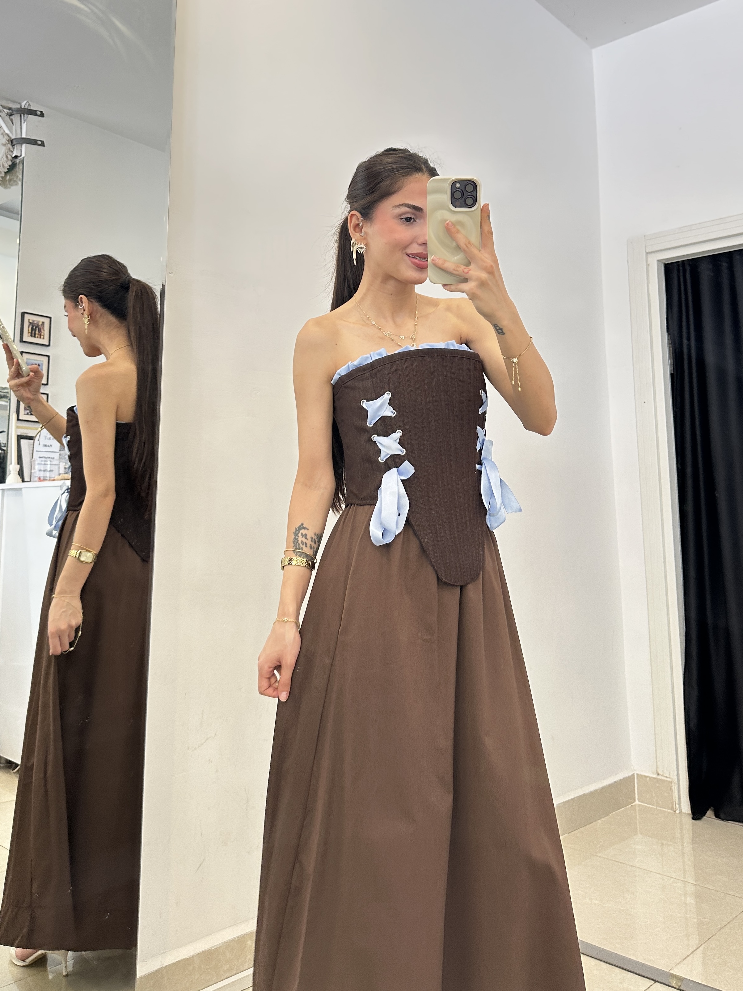 Acı Kahve Denim Kuş Gözü Detaylı Straplez Korse Büstiyer