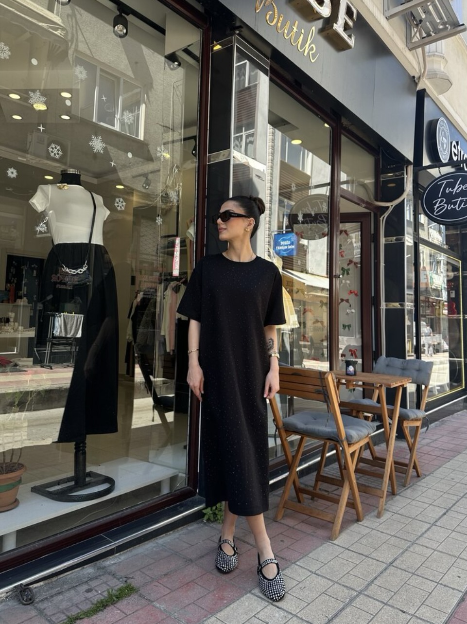 Luxe Taş İşlemeli Modal Kumaş Siyah Midi Elbise