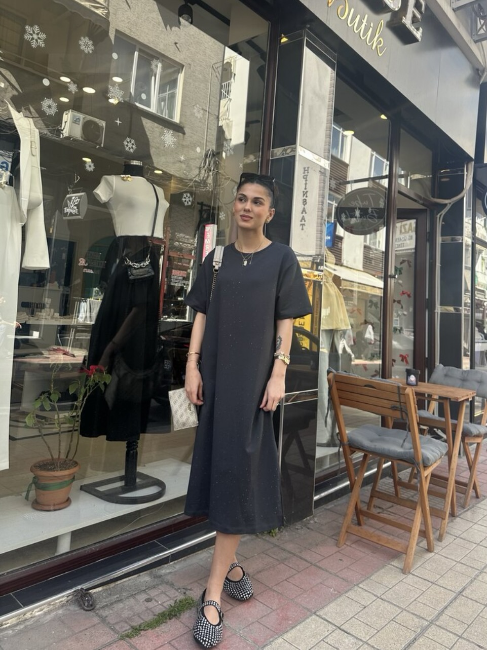 Luxe Taş İşlemeli Modal Kumaş Antrasit Midi Elbise