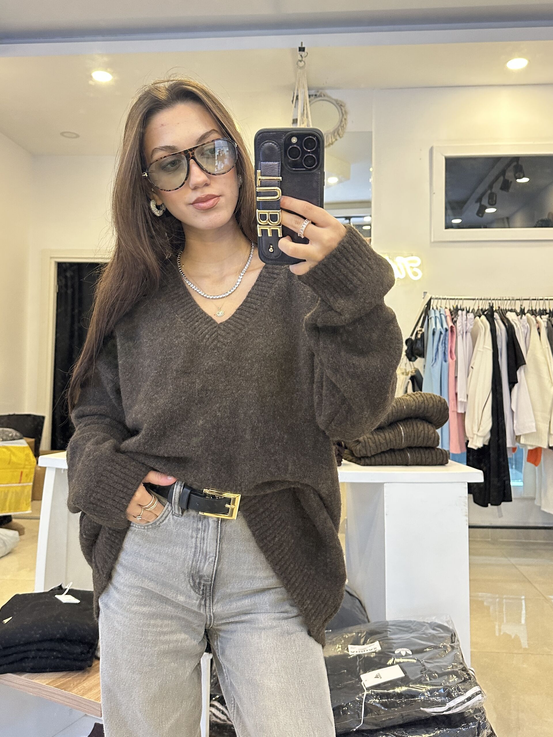 Yün Karışımlı V Yaka Oversize Kahverengi Kazak