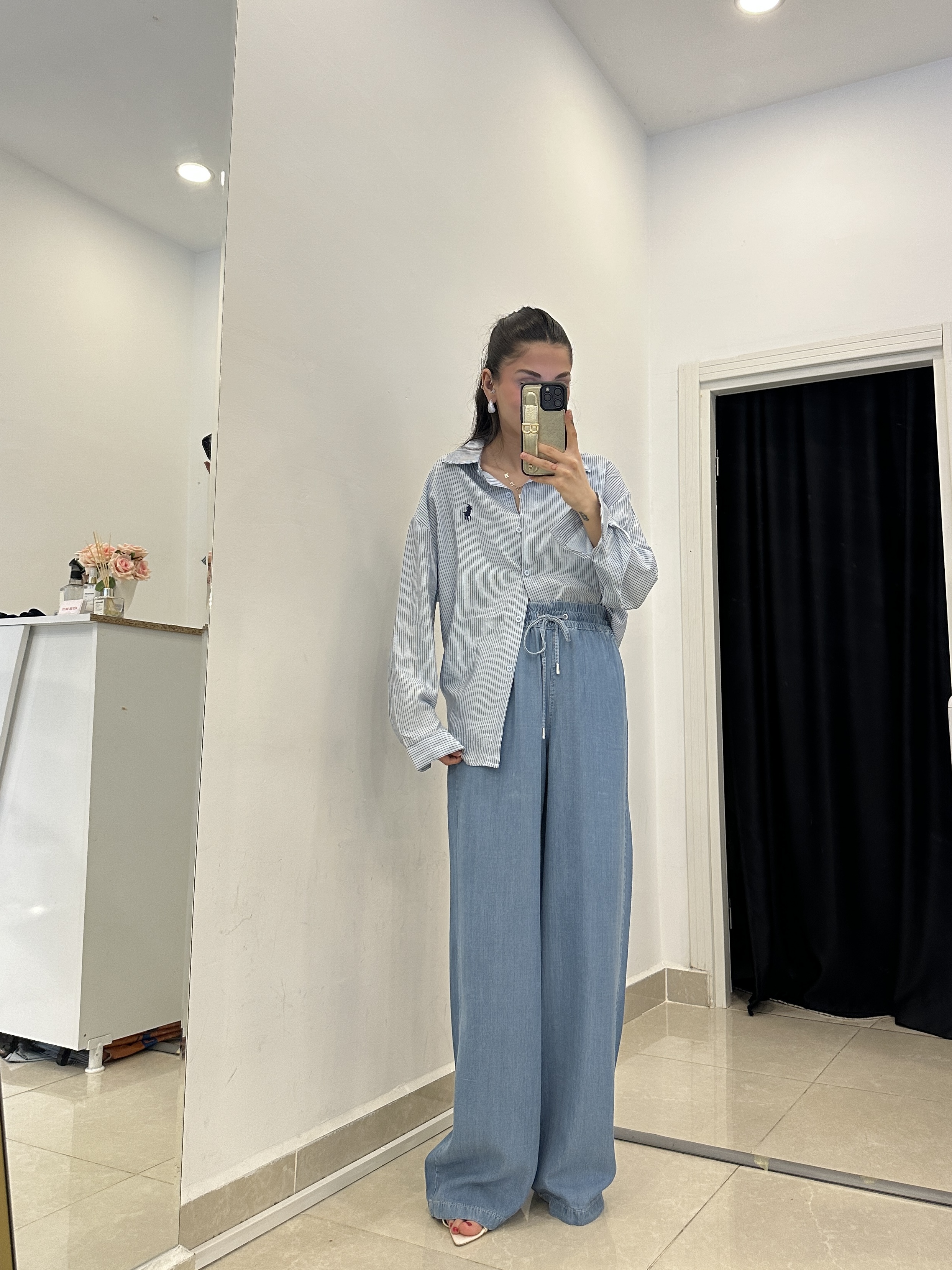 Beli Lastikli Geniş Kesim Mavi Tencel Pantolon