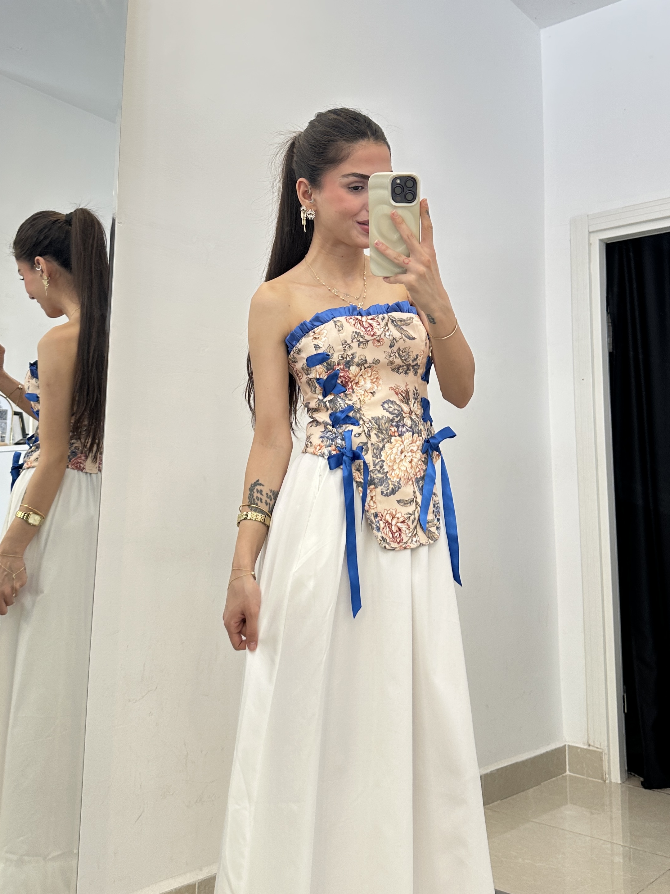Çiçek Desenli Vintage Straplez Korse Büstiyer