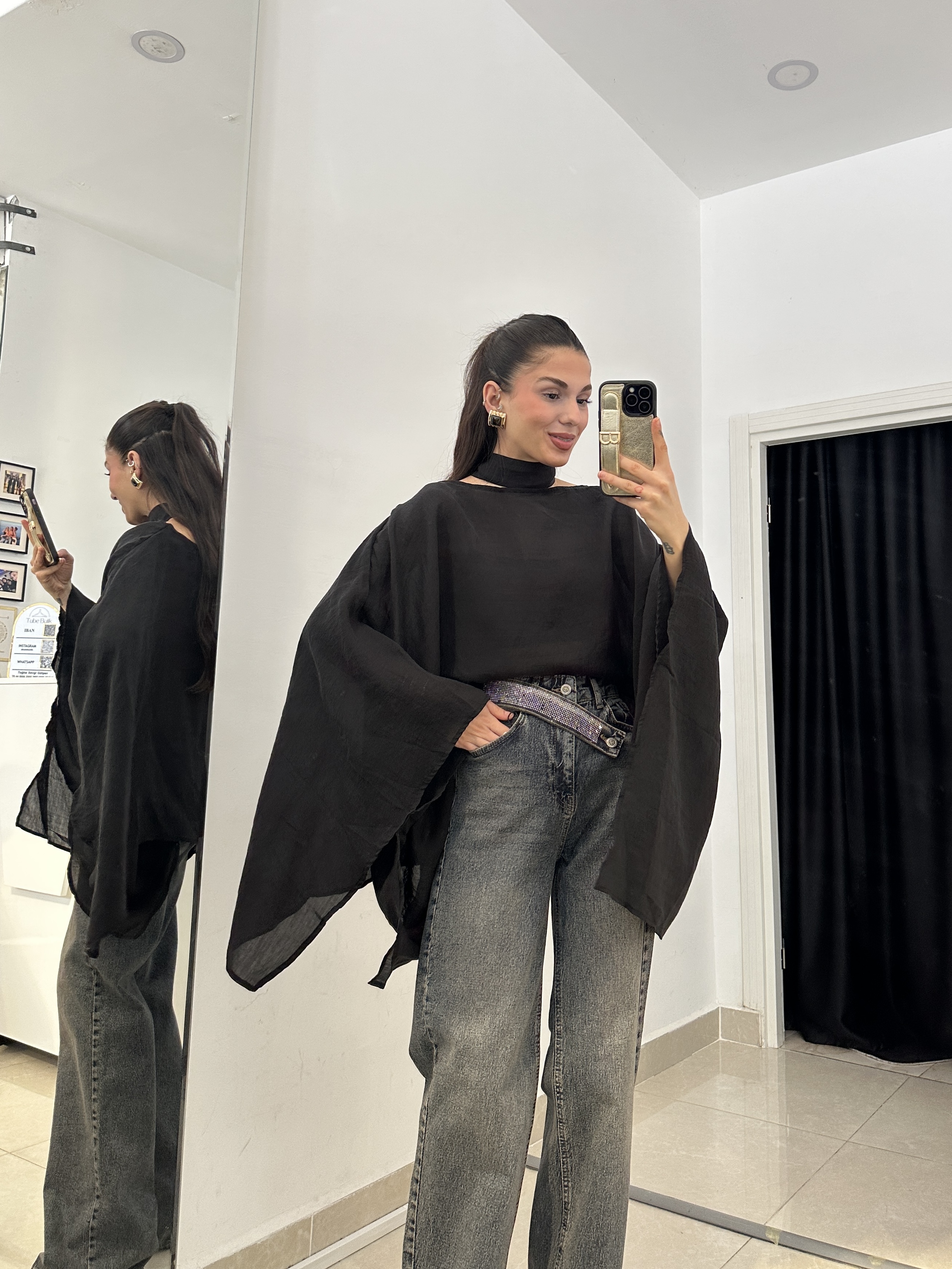 Fularlı Pelerin Model Siyah Tül Bluz