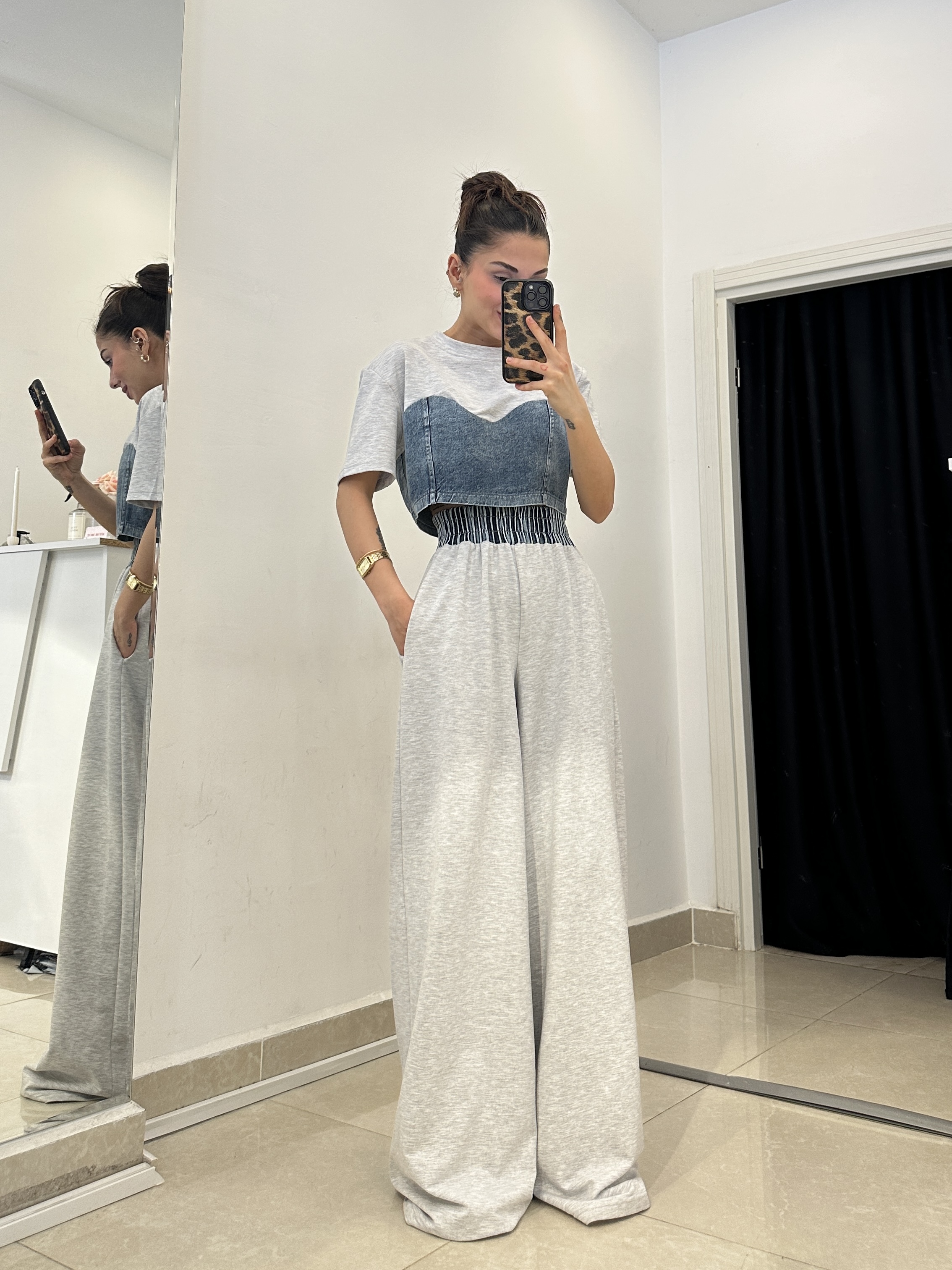 Tasarım Denim Detay Gri İkili Takım