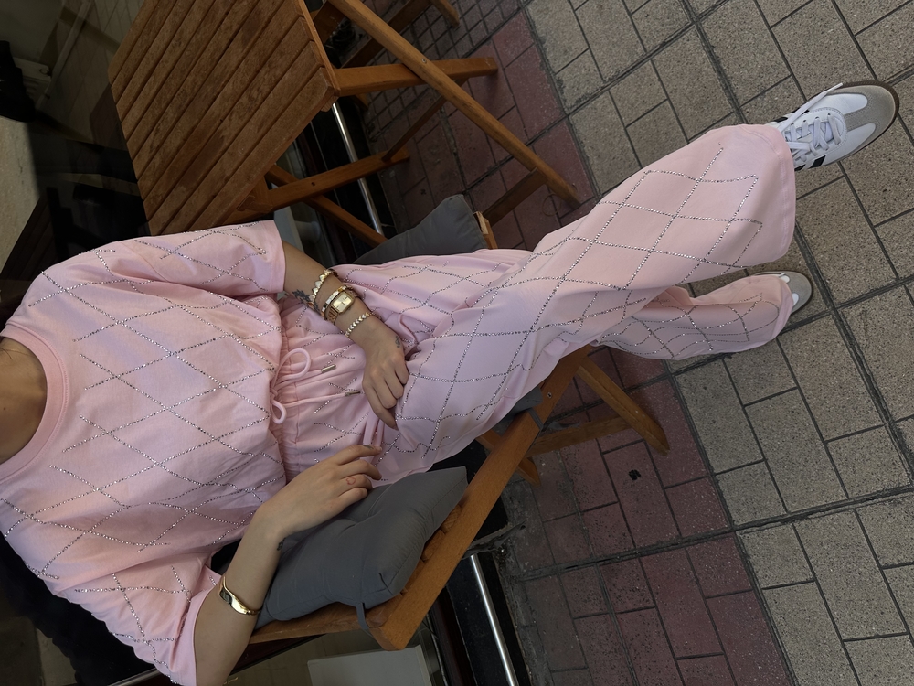 Luxe Baklava Taş İşlemeli Pembe Takım