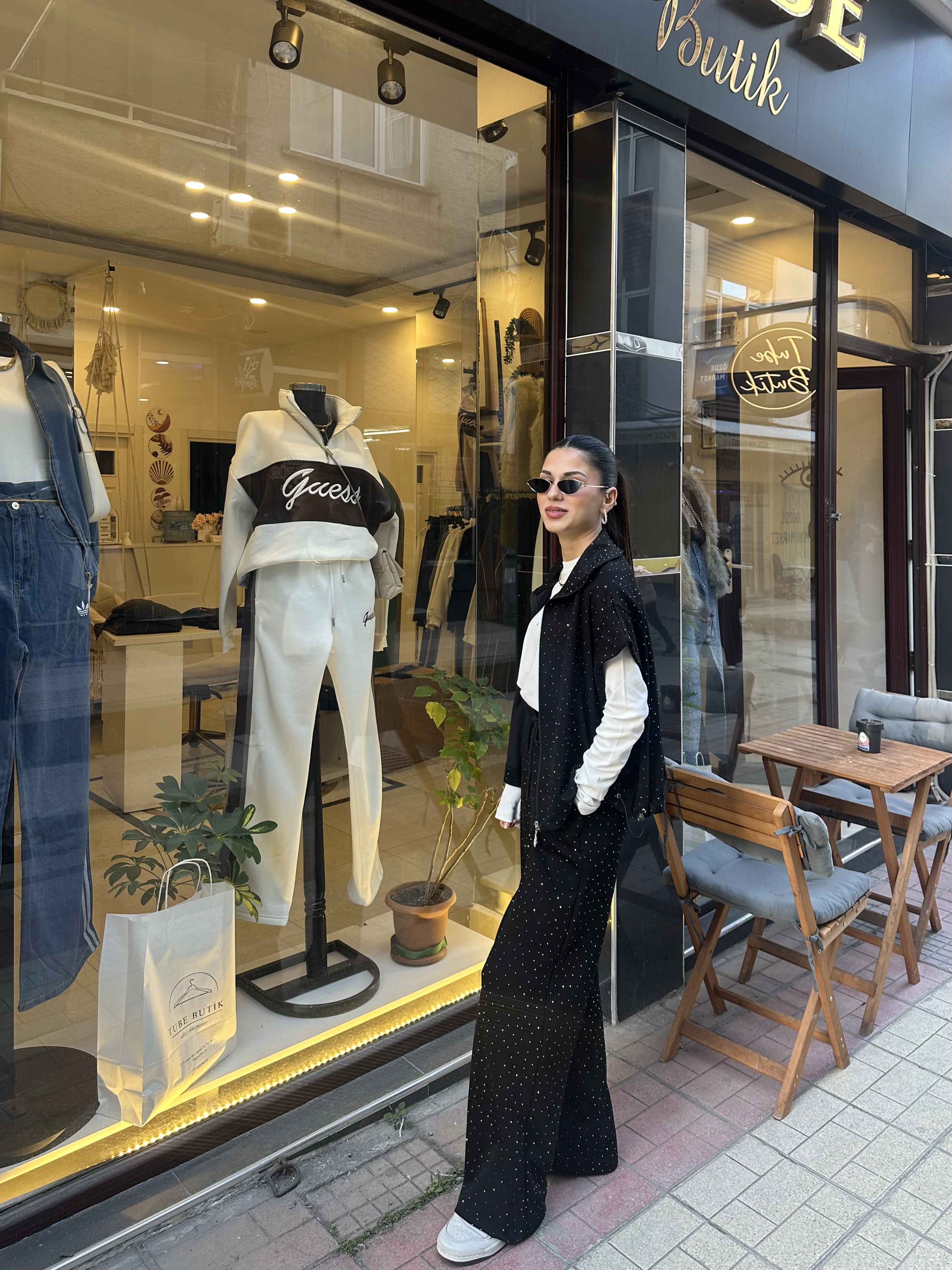 Twst Model Taşlı Modal Kumaş Yelekli Siyah Takım