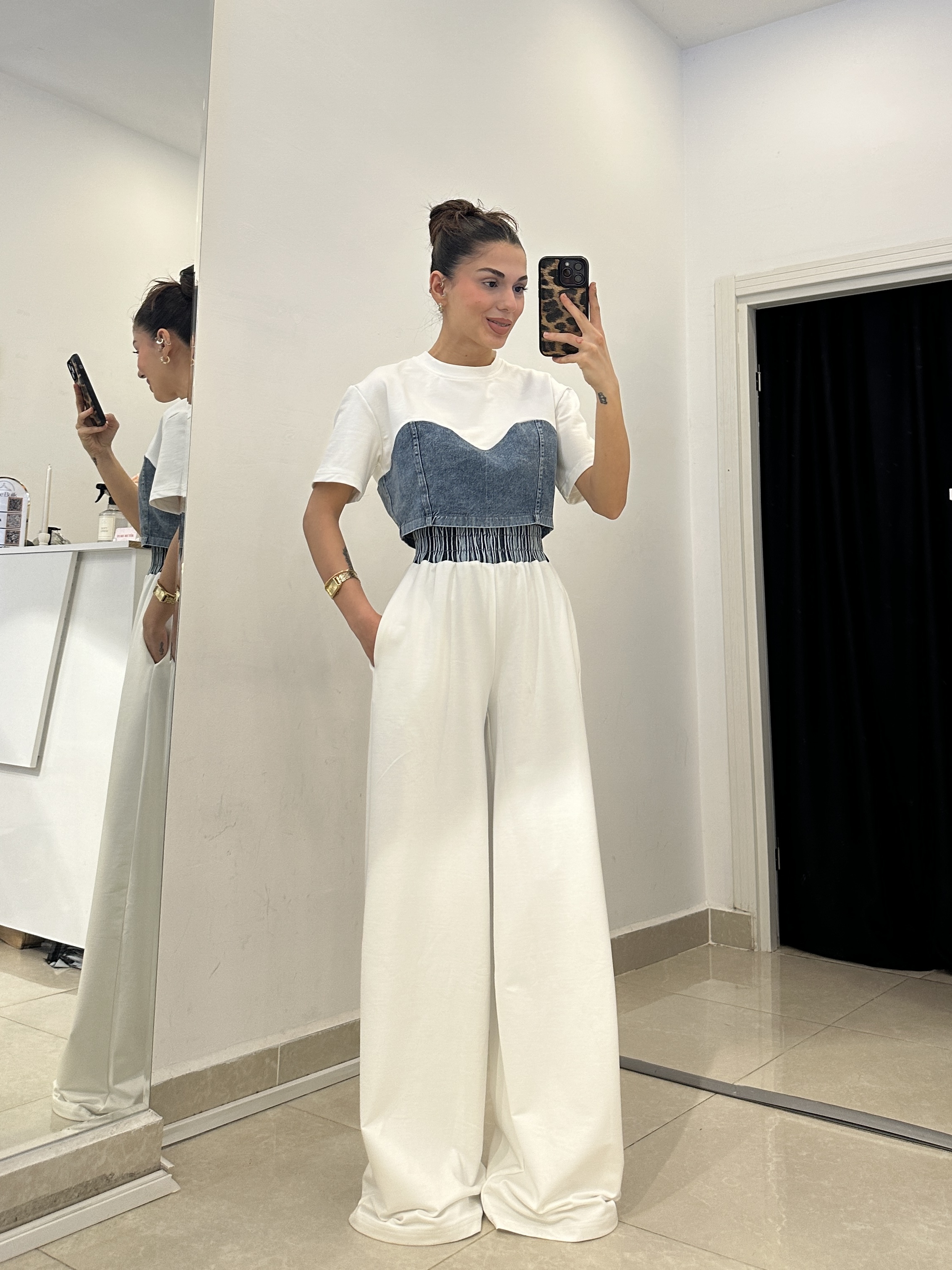 Tasarım Denim Detay Beyaz İkili Takım