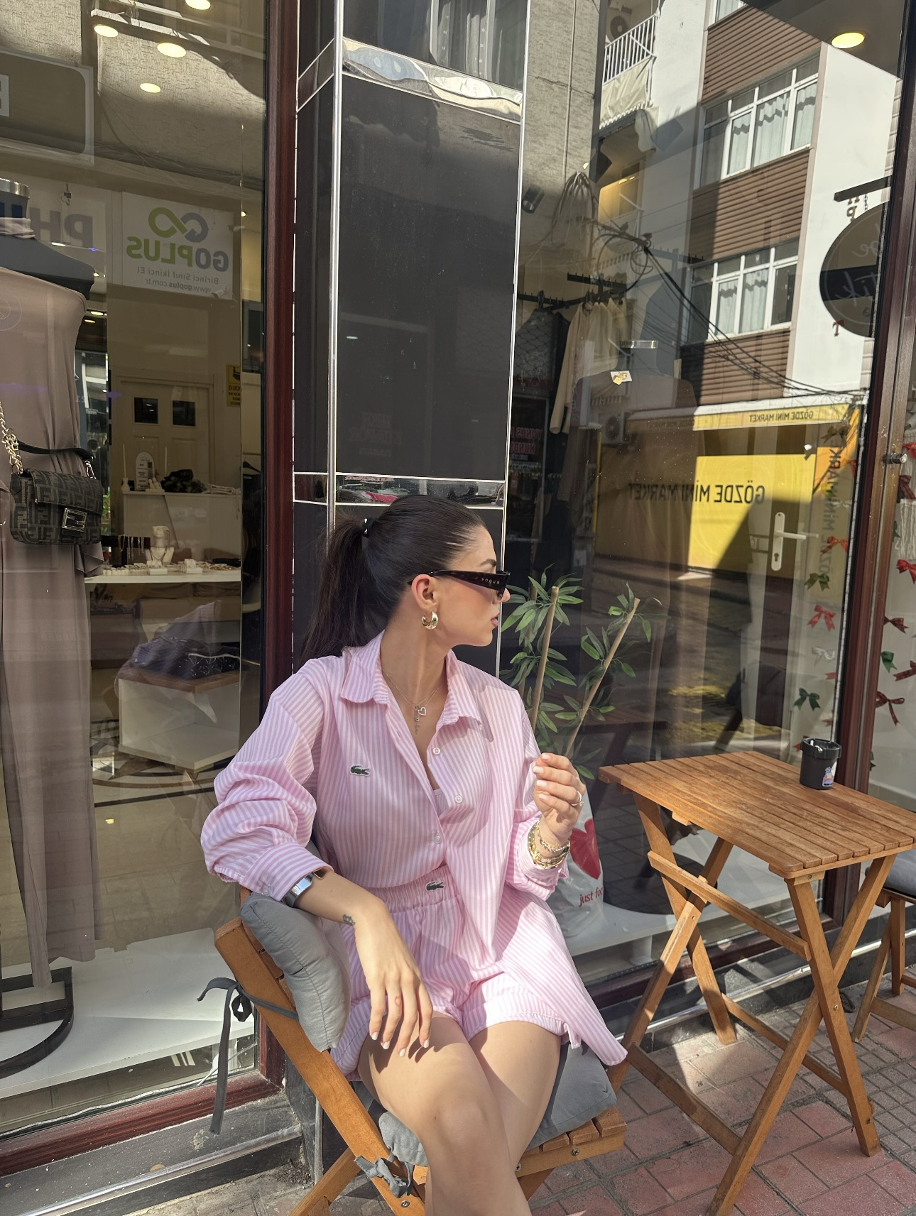 Logolu Nakışlı Poplin Çizgili Şortlu Pembe Takım