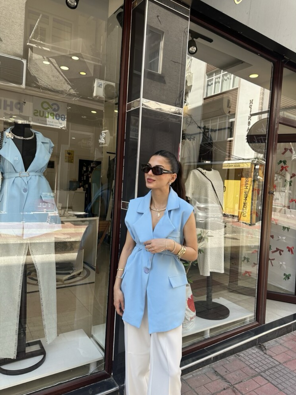 Premium Kemerli Mavi Blazer Yelek