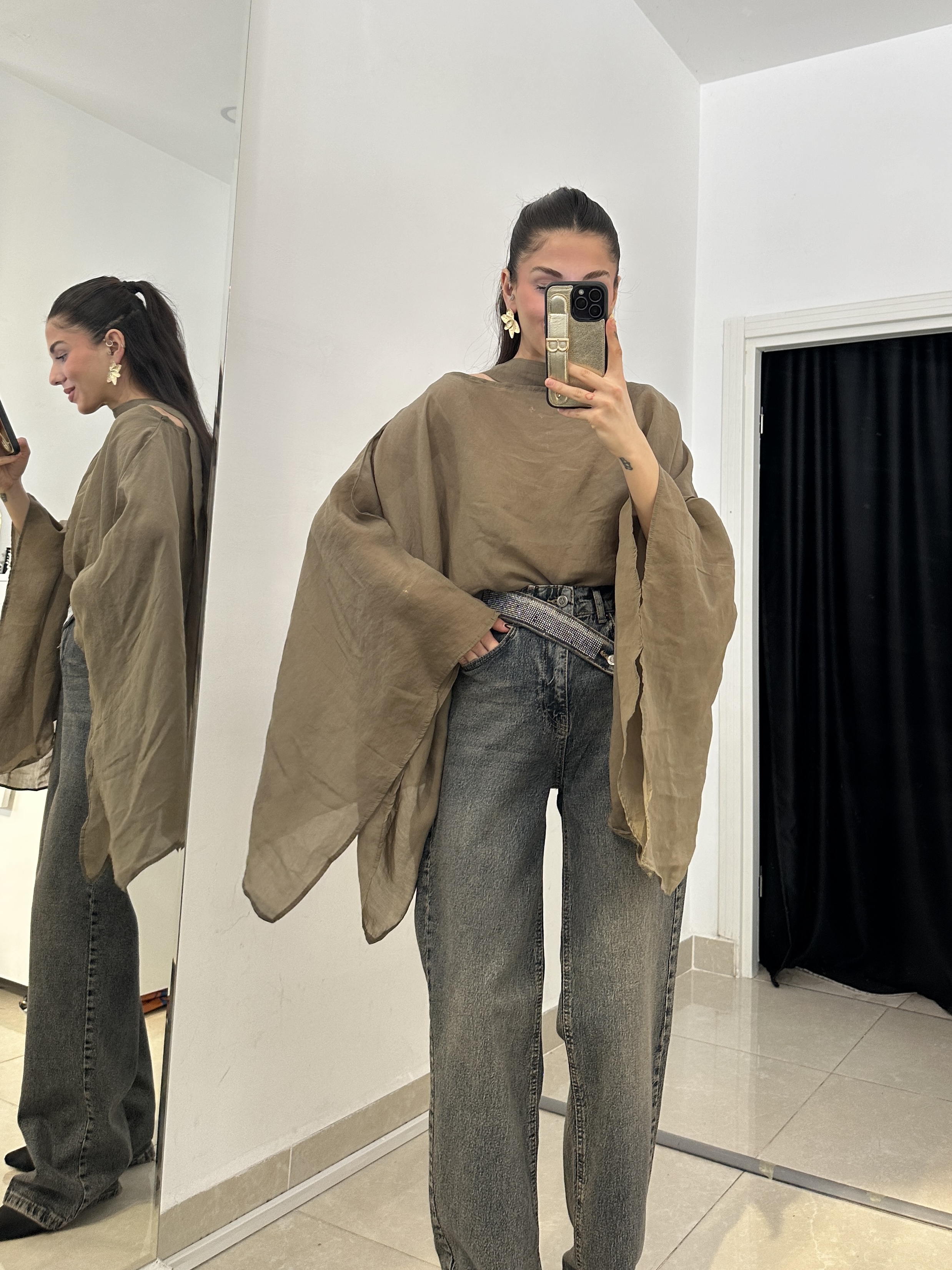 Fularlı Pelerin Model Haki Tül Bluz