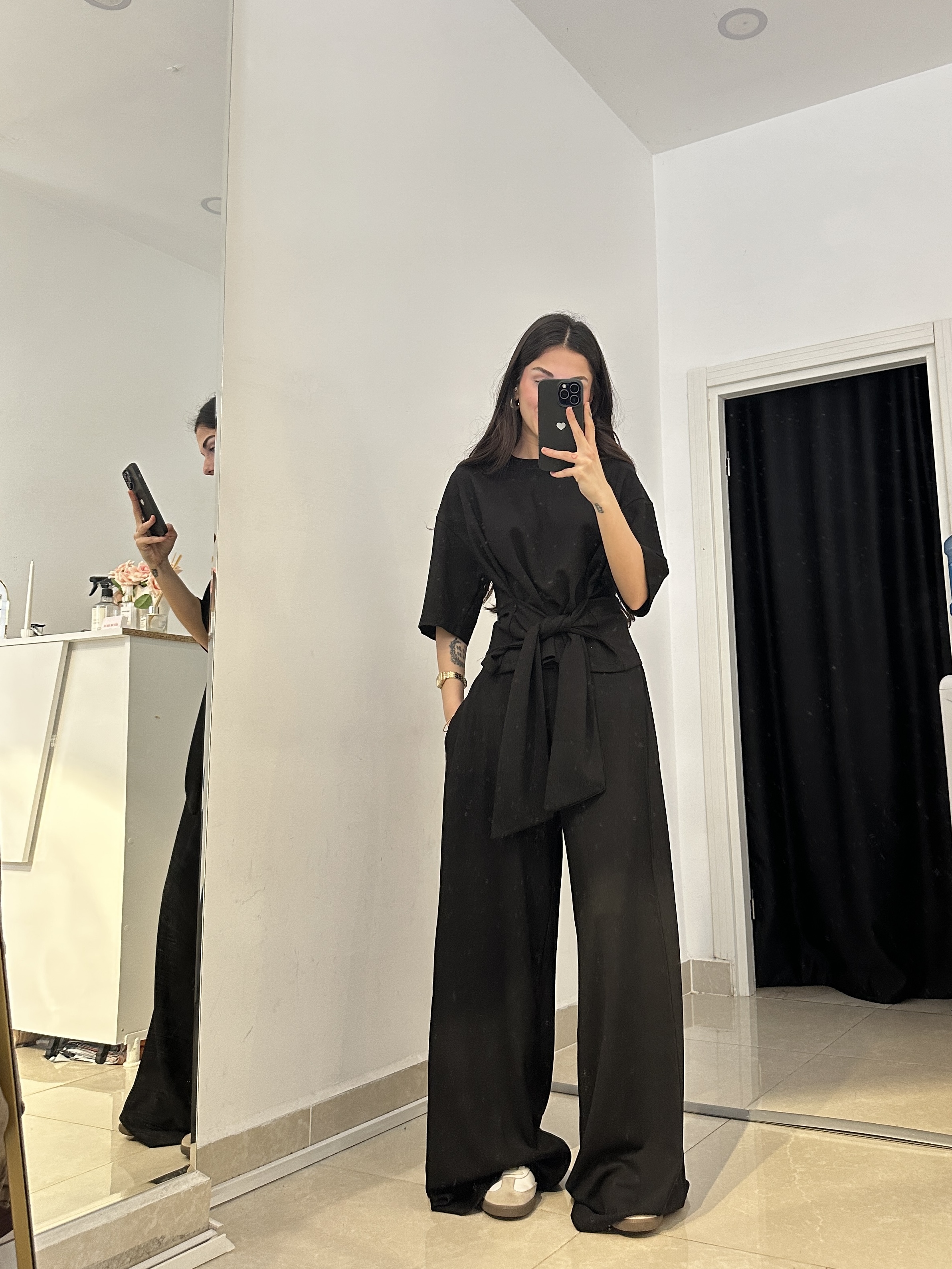 Beli Kuşak Bağlamalı Siyah Modal Kumaş Takım