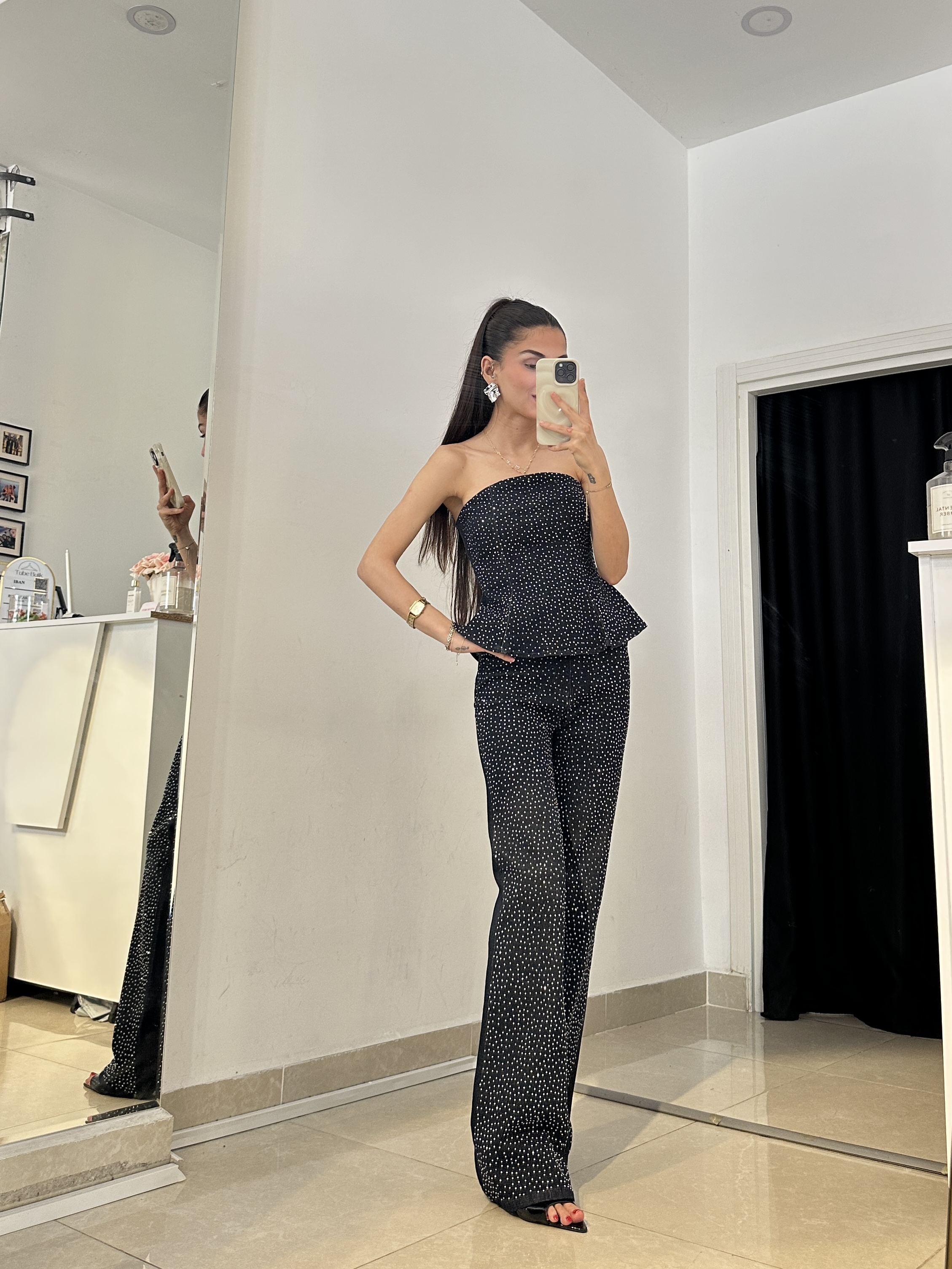 Premium Taş İşlemeli Straplez Likralı Denim Takım