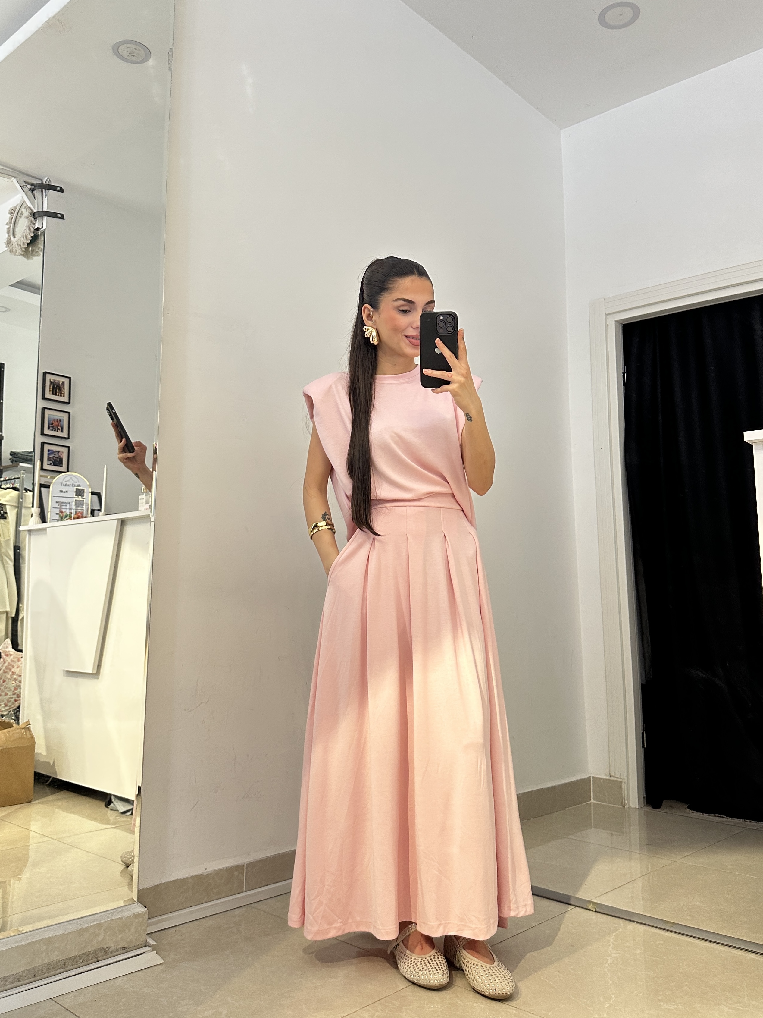 Pembe Vatkalı Bluz Cepli Etek İkili Modal Takım