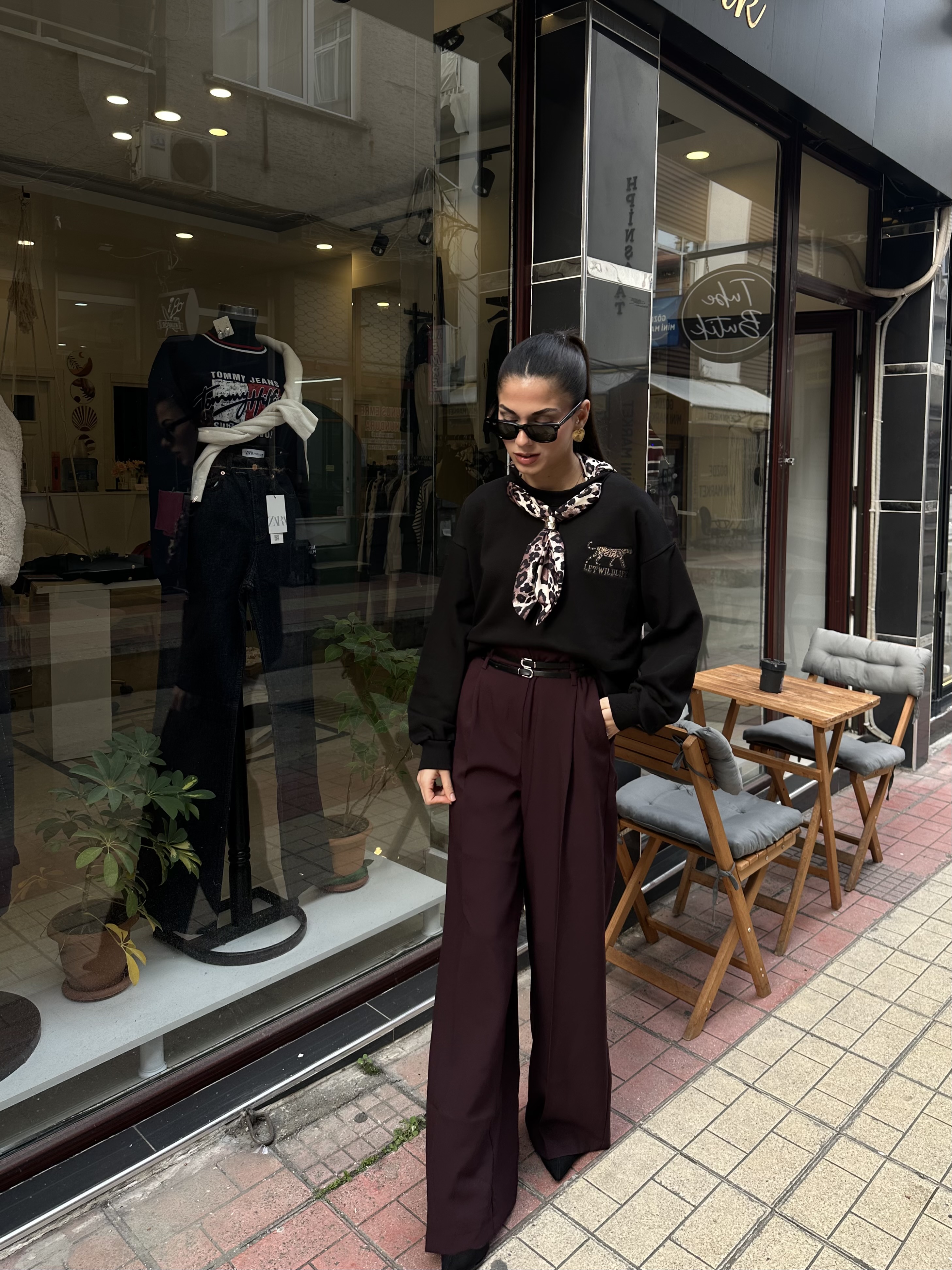 Çift Kemerli Palazzo Model Mürdüm Kumaş Pantolon