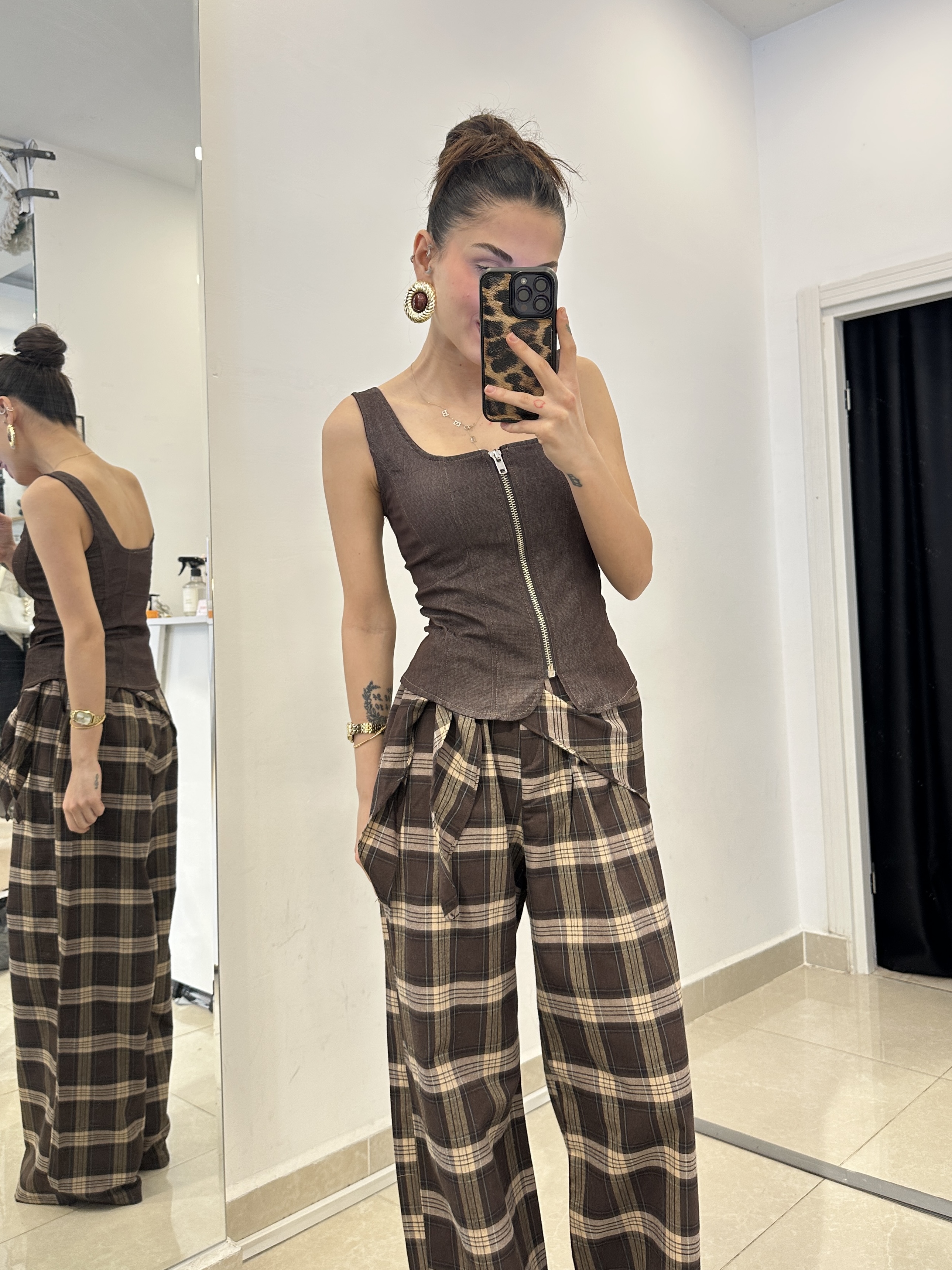 Belden Oturtmalı Denim Kahverengi Fermuarlı Korse
