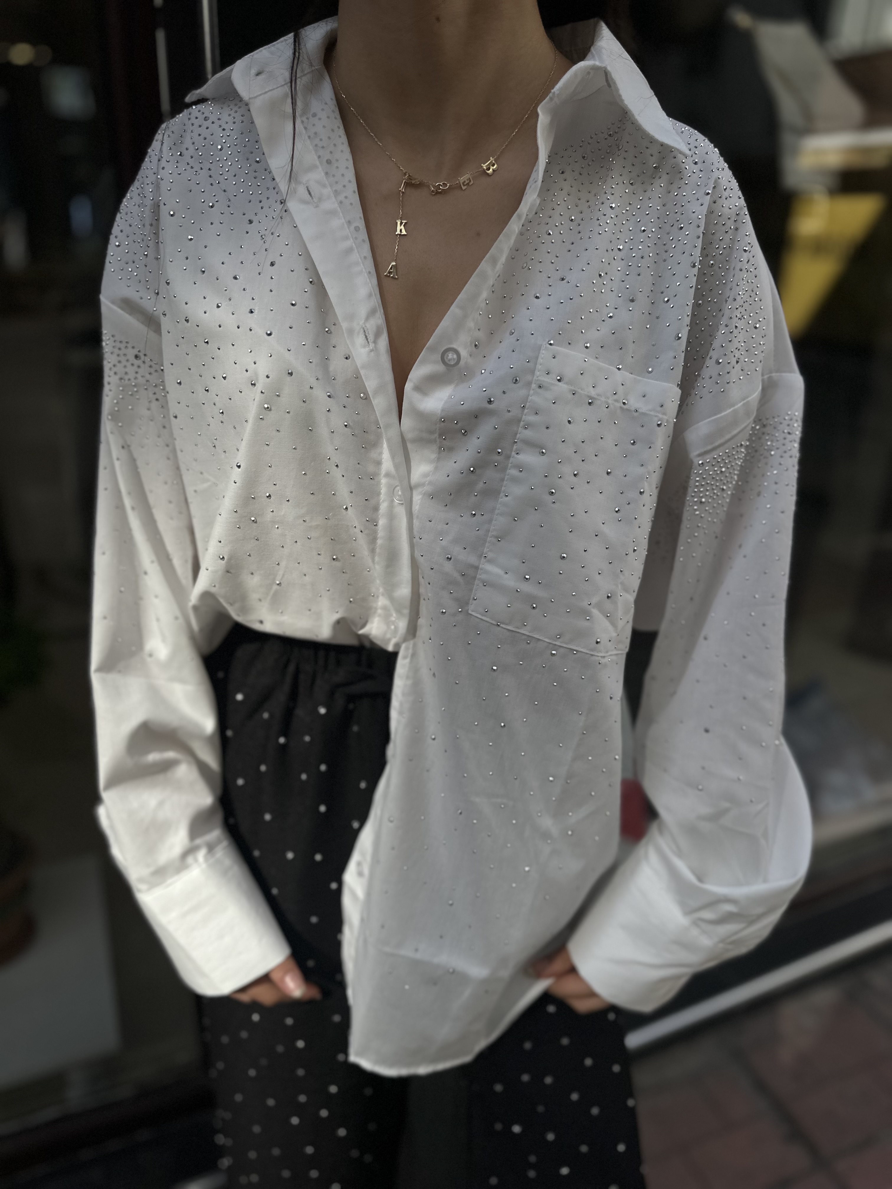 Premium Full Taş İşlemeli Oversize Gömlek