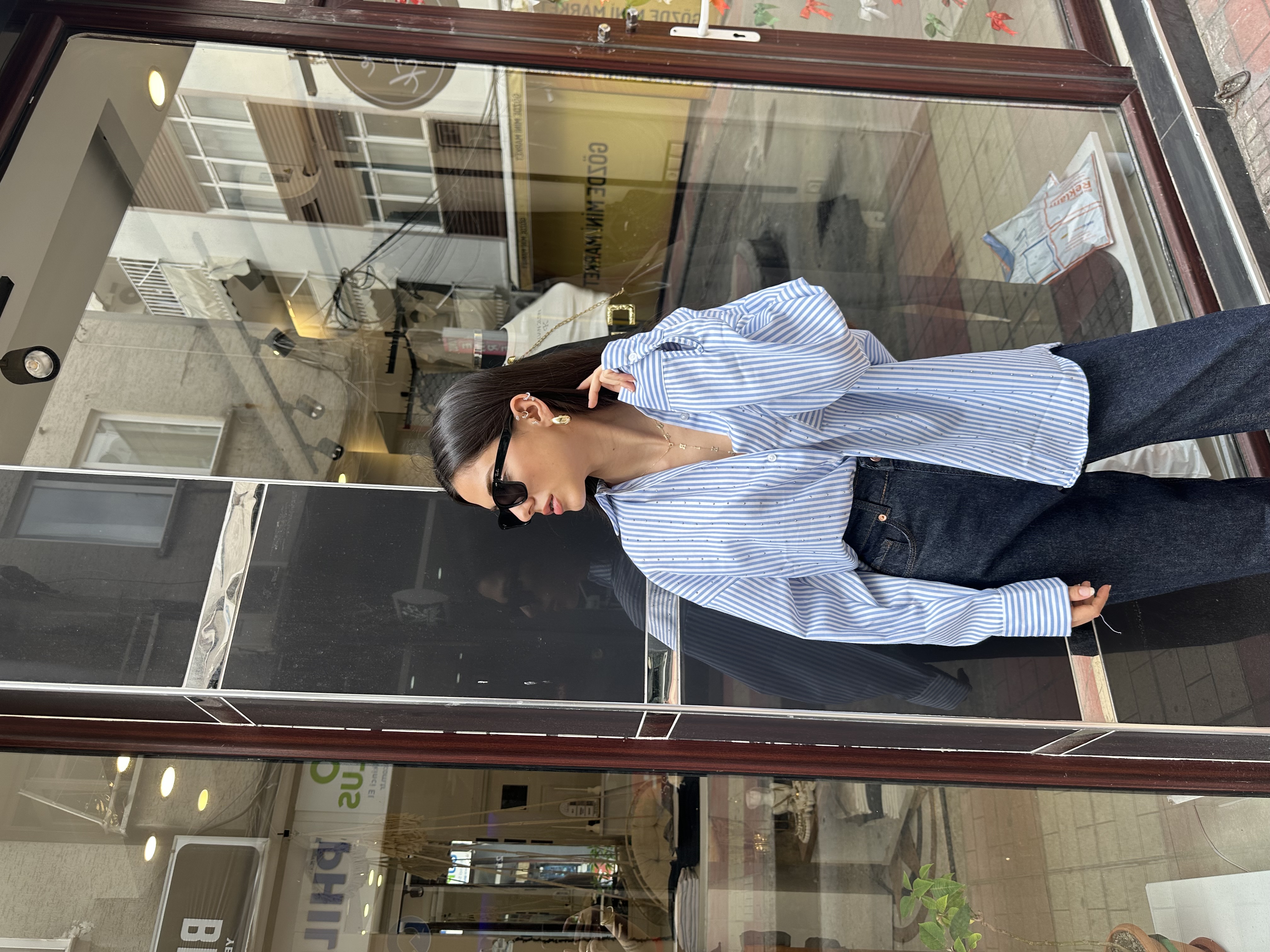 Premium Taşlı Çizgi Desen Oversize Gömlek