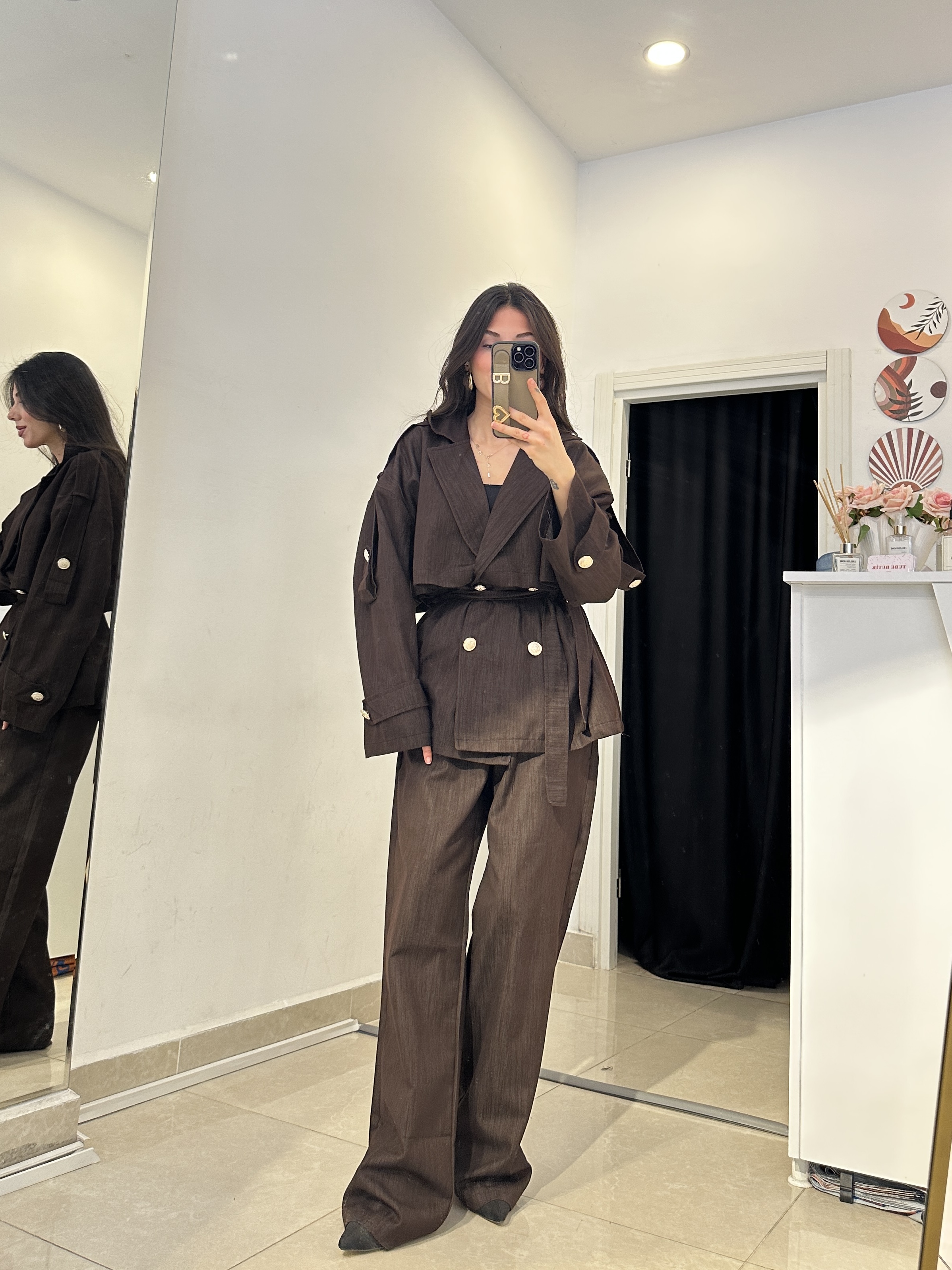 Premium Tencel Kuşaklı Gold Düğmeli Acı Kahve Takım