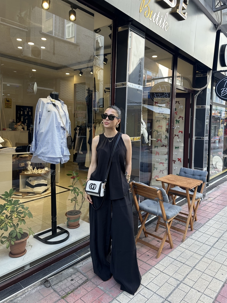 Premium Tencel Kumaş Halter Yaka Siyah Takım