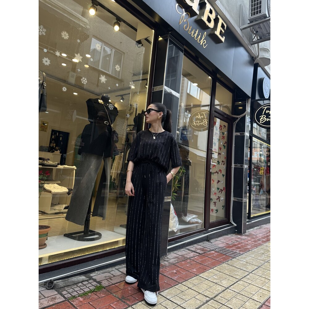 Luxe Çizgi Taş İslemeli Modal Kumaş Siyah Takım