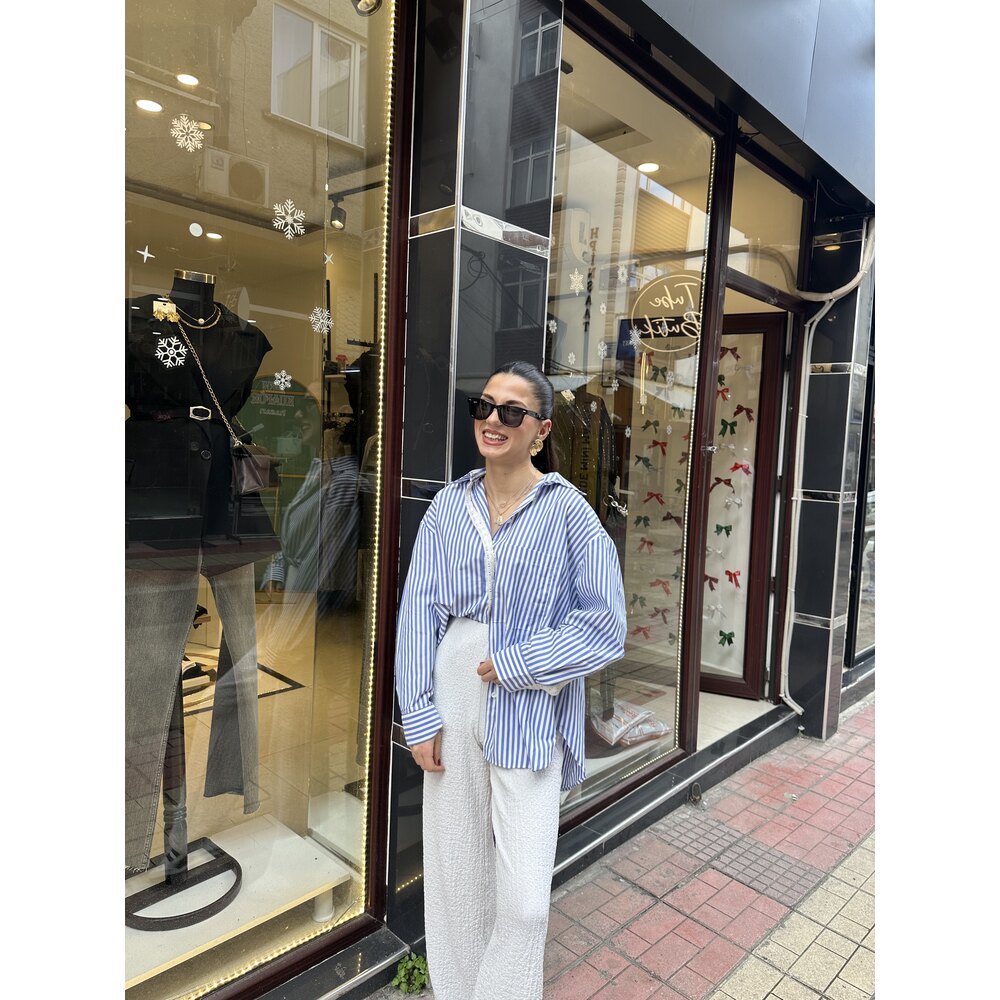 Özel Seri Dantel İşlemeli Çizgili Poplin Gömlek