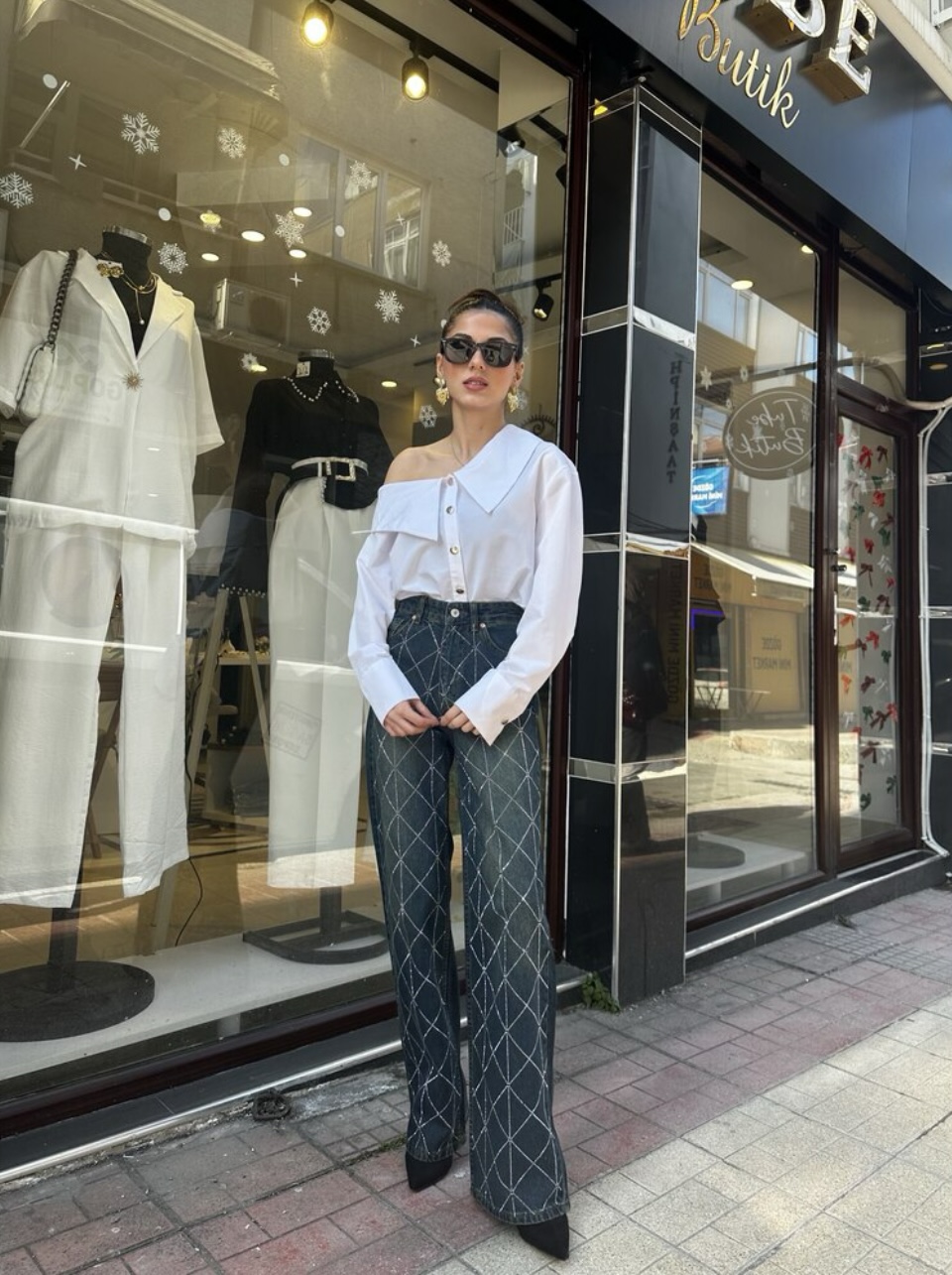 Zr Premium Taşlı Bol Paça Jean