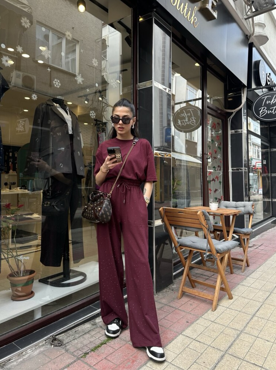 Luxe Taş İşlemeli Oysho Kumaş Bordo Takım
