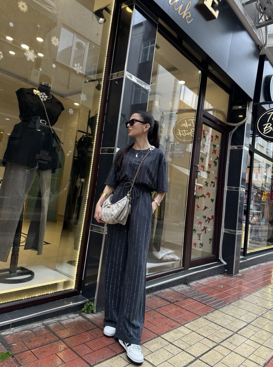 Luxe Çizgi Taş İslemeli Modal Kumaş Antrasit Takım