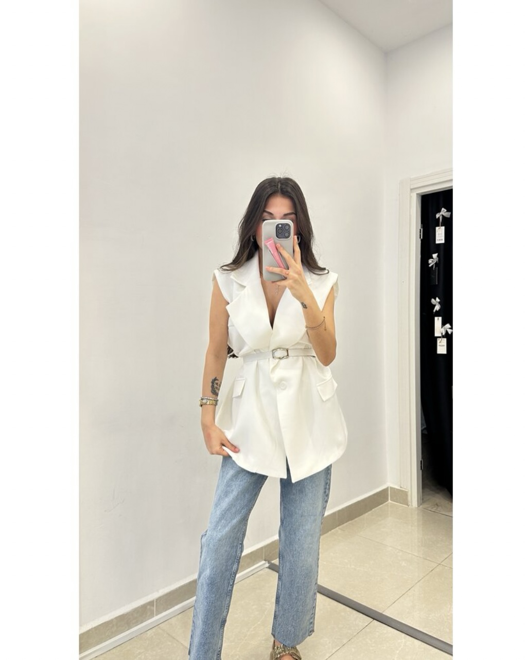 Premium Kemerli Beyaz Blazer Yelek