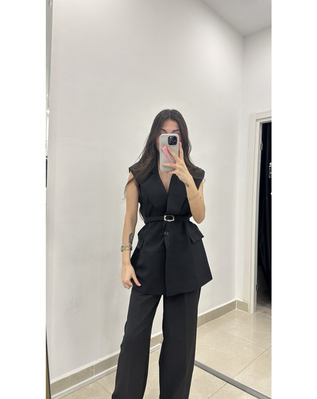 Premium Kemerli Siyah Blazer Yelek
