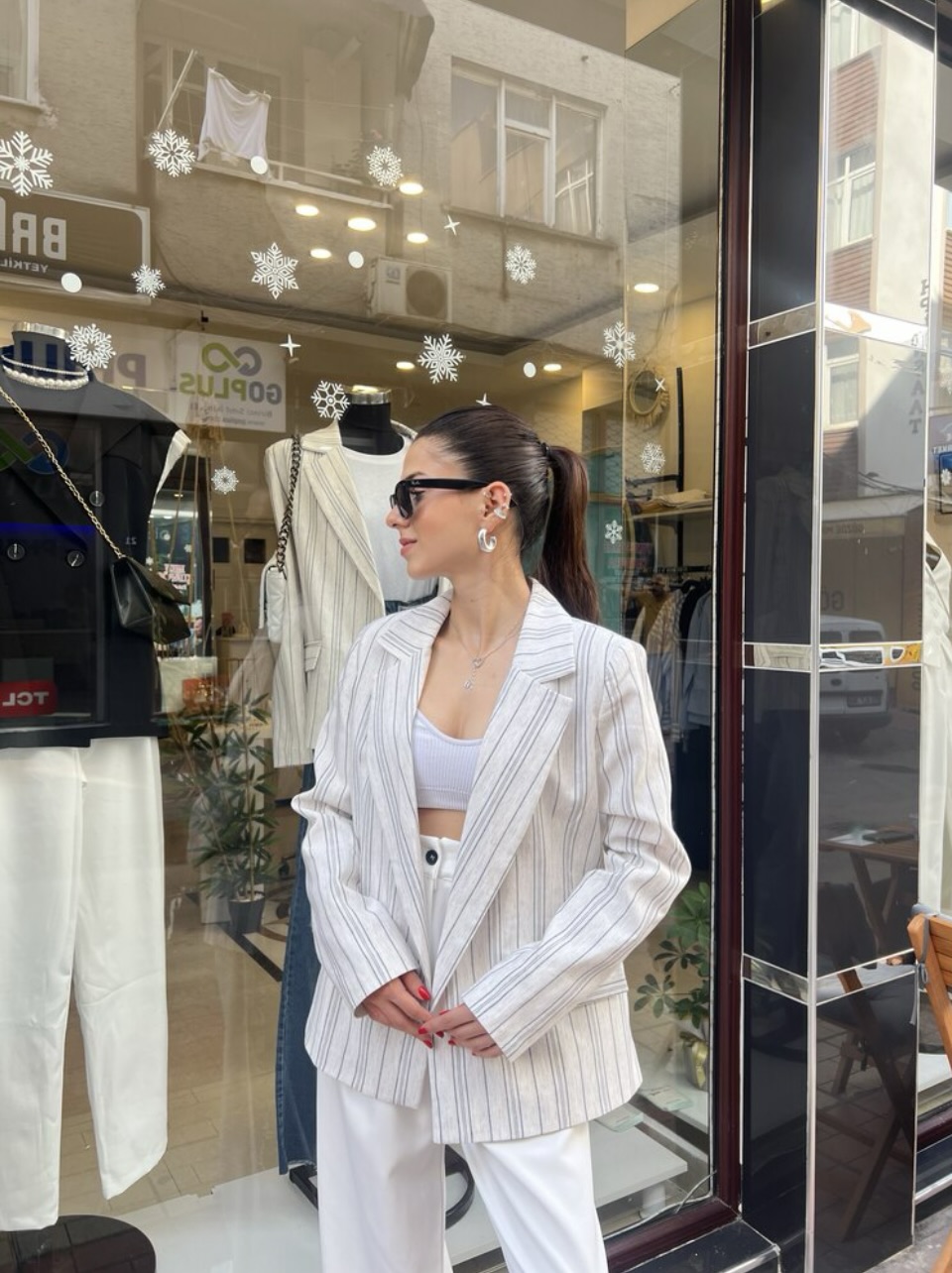 Marka Model Çizgili Keten Blazer Ceket