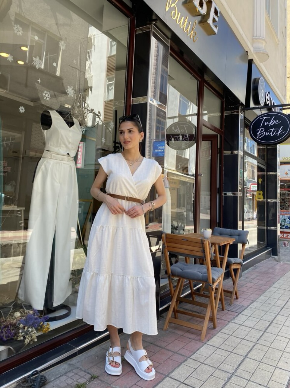 Gofre Kumaş Kemerli Astarlı Elbise