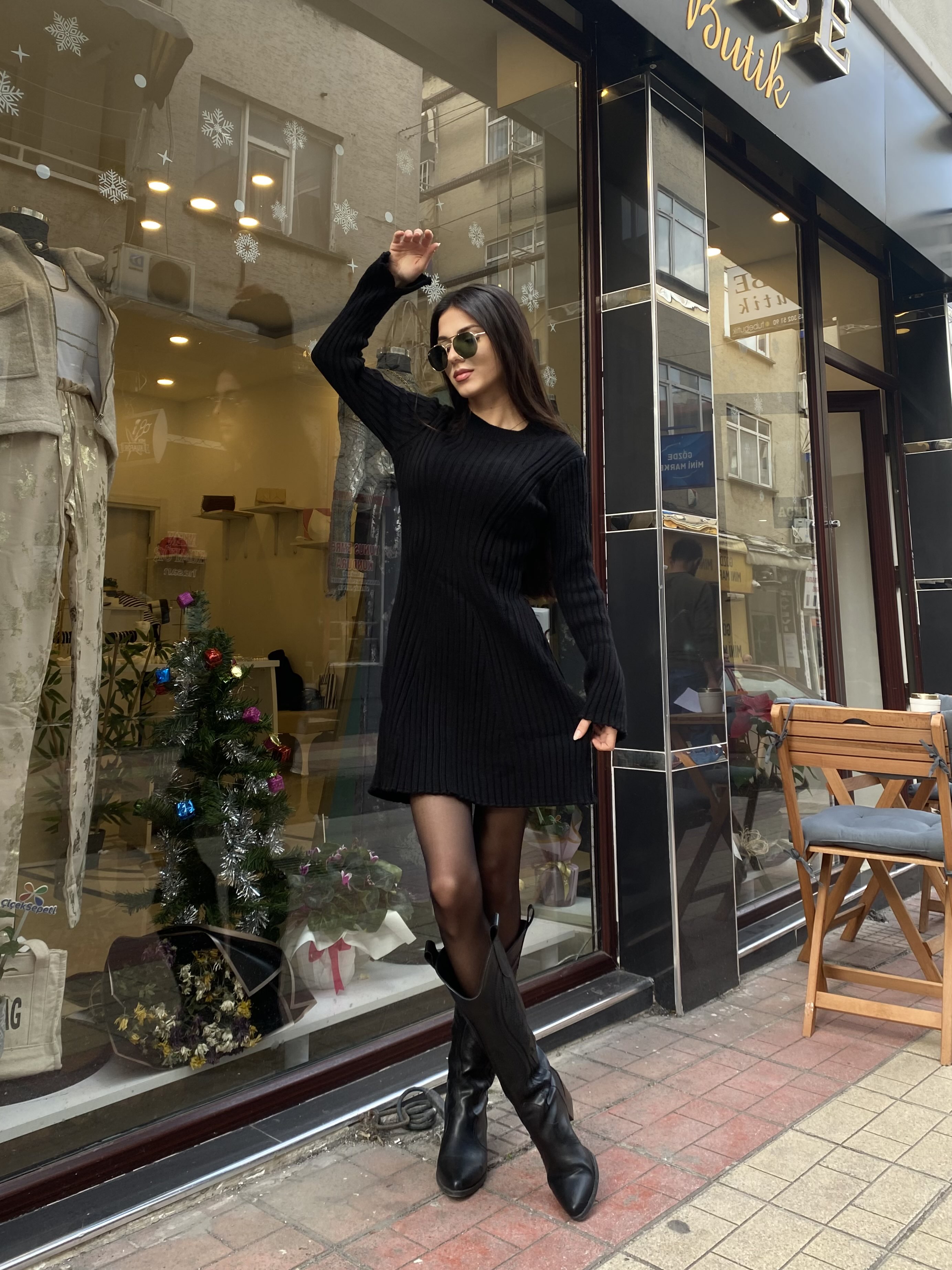 Triko Şeritli Trend Mini Elbise