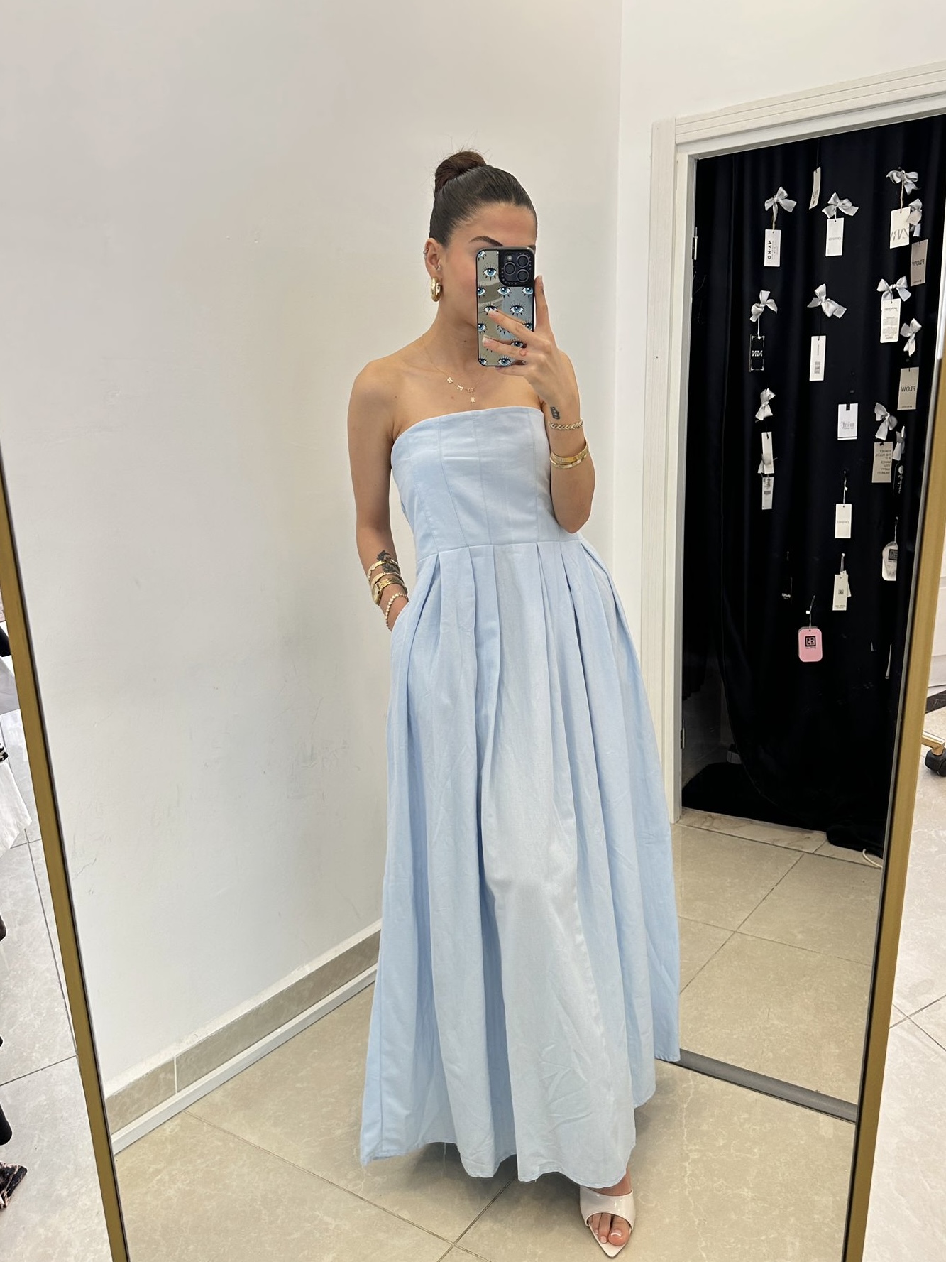 Straplez Mavi Paraşüt Kumaş Cepli Elbise