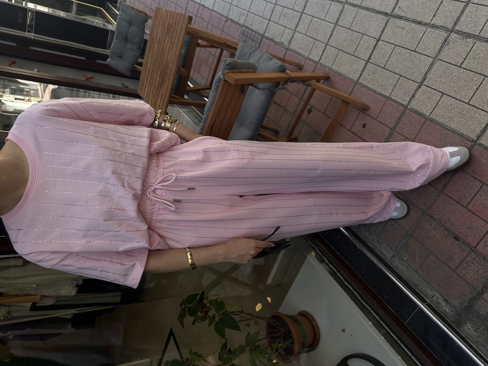 Luxe Çizgi Taş İşlemeli Pembe Takım