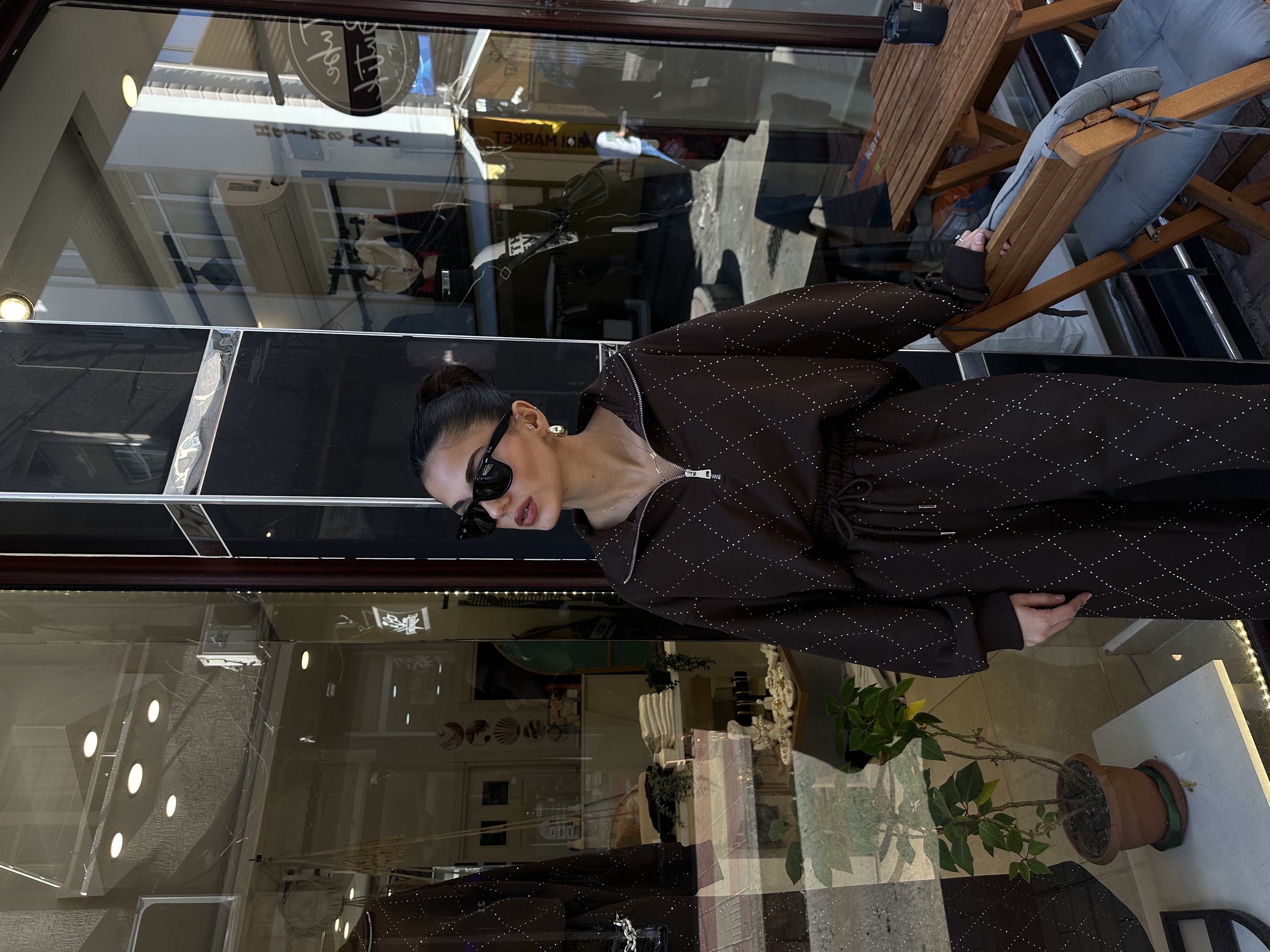 Luxe Fermuarlı Ön Arka Taş İşlemeli Acı Kahve Takım