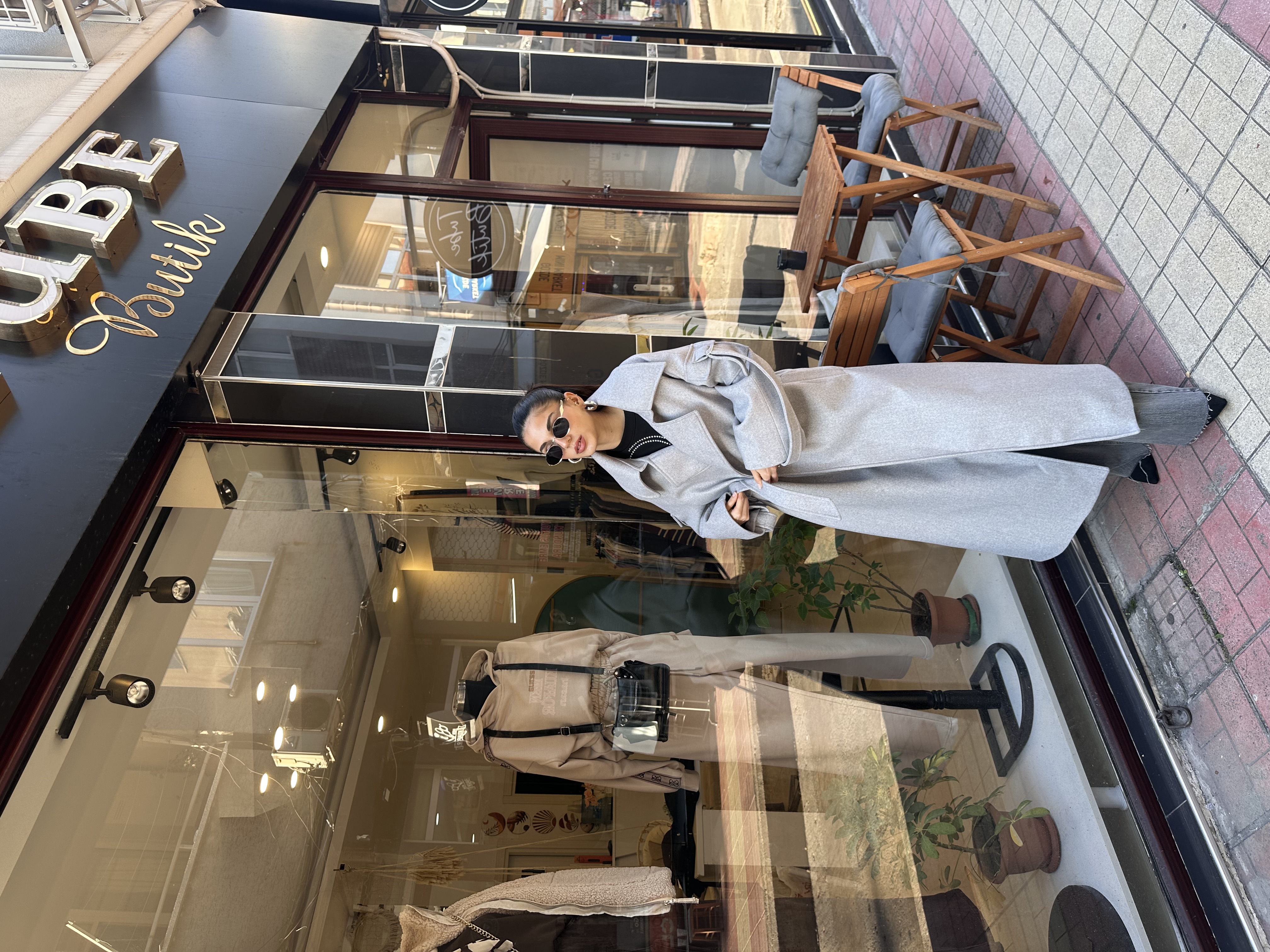 Premium Astarlı Kuşaklı Kol Detaylı Açık Gri Kaşe Kaban