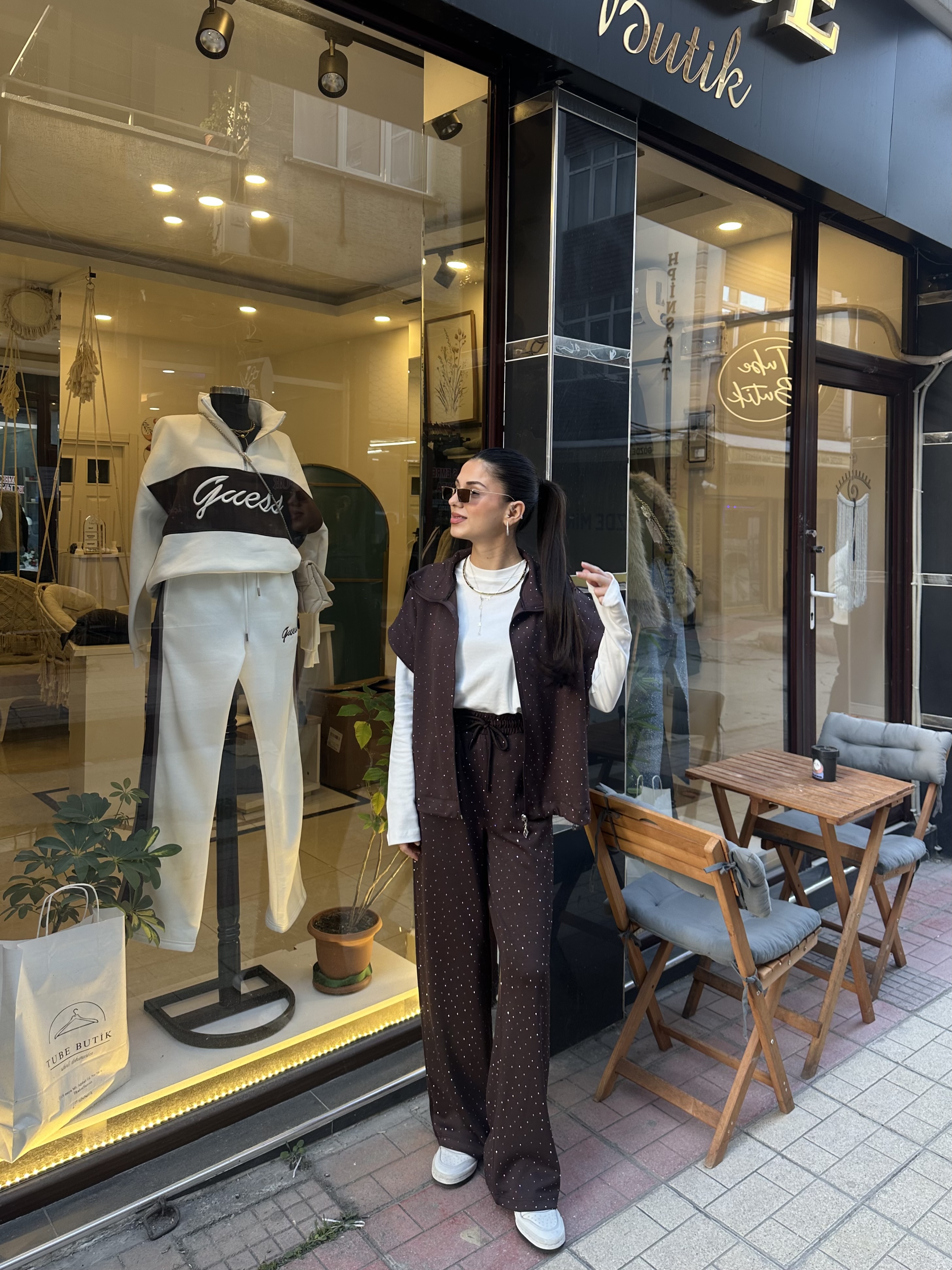 Twst Model Taşlı Modal Kumaş Yelekli Acı Kahve Takım