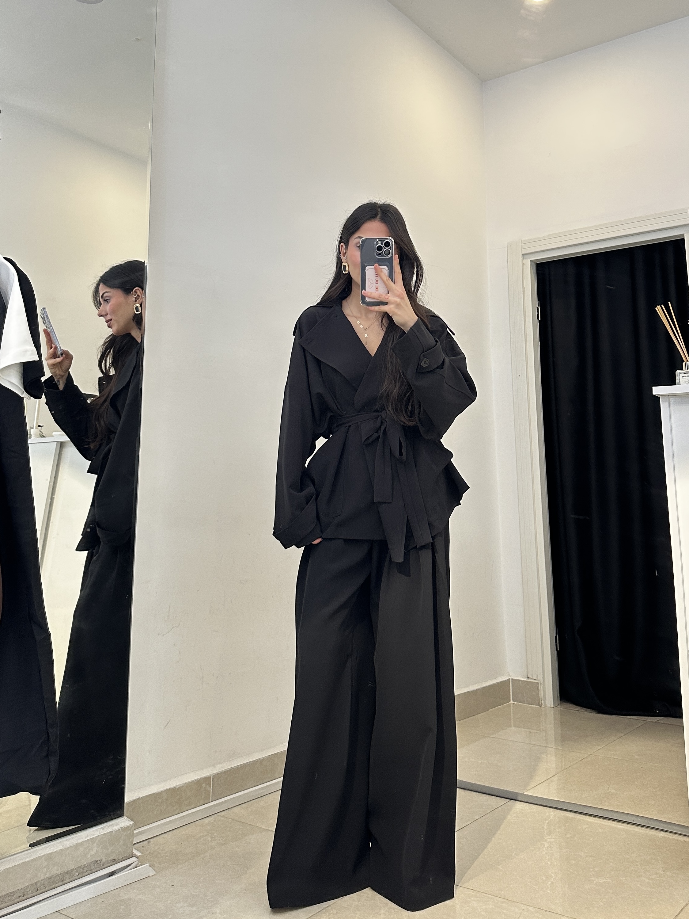 Double Kumaş Yaka Düğmeli Siyah Oversize Takım (ÖN SİPARİŞ)