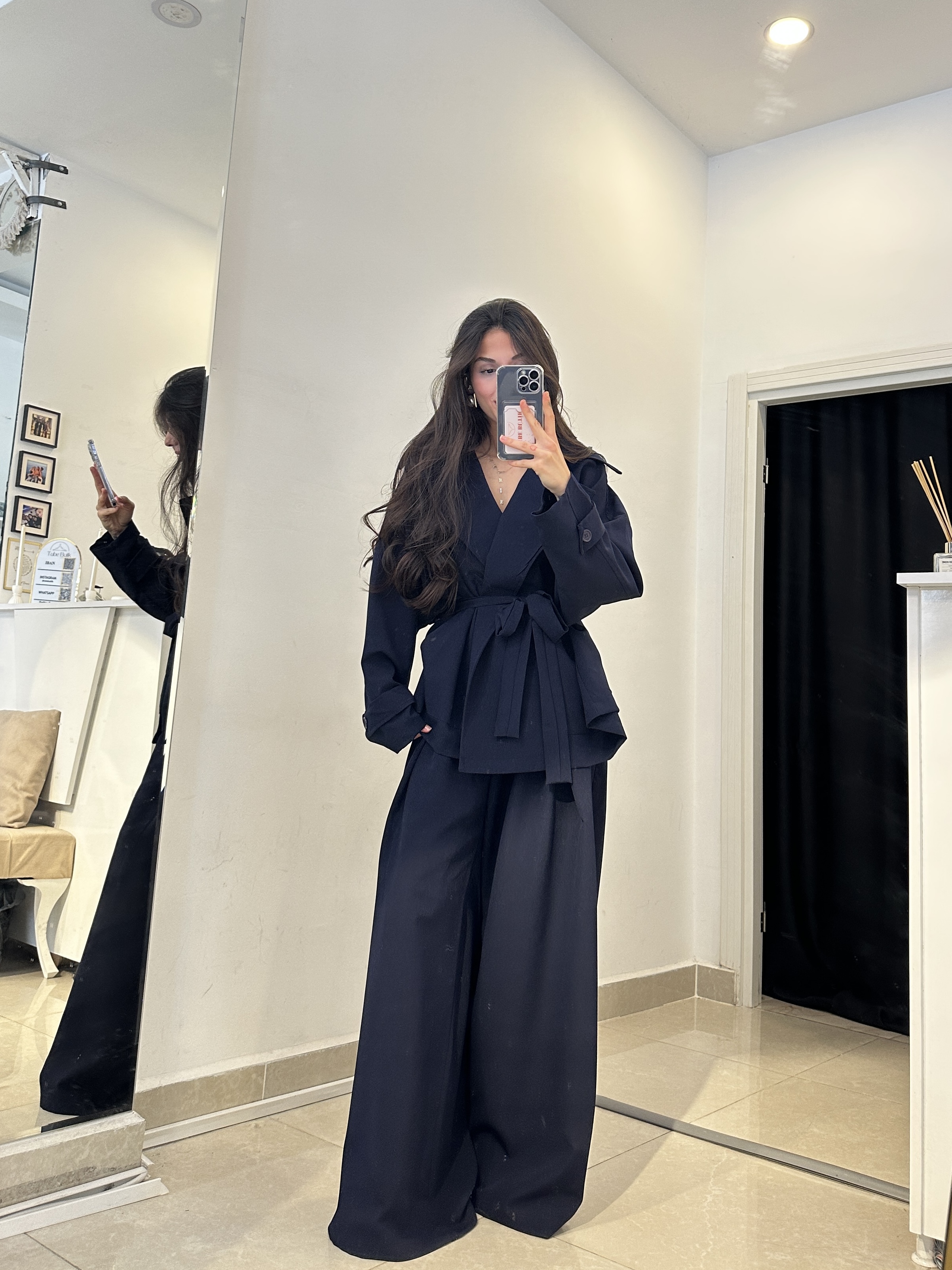 Double Kumaş Yaka Düğmeli Lacivert Oversize Takım (ÖN SİPARİŞ)