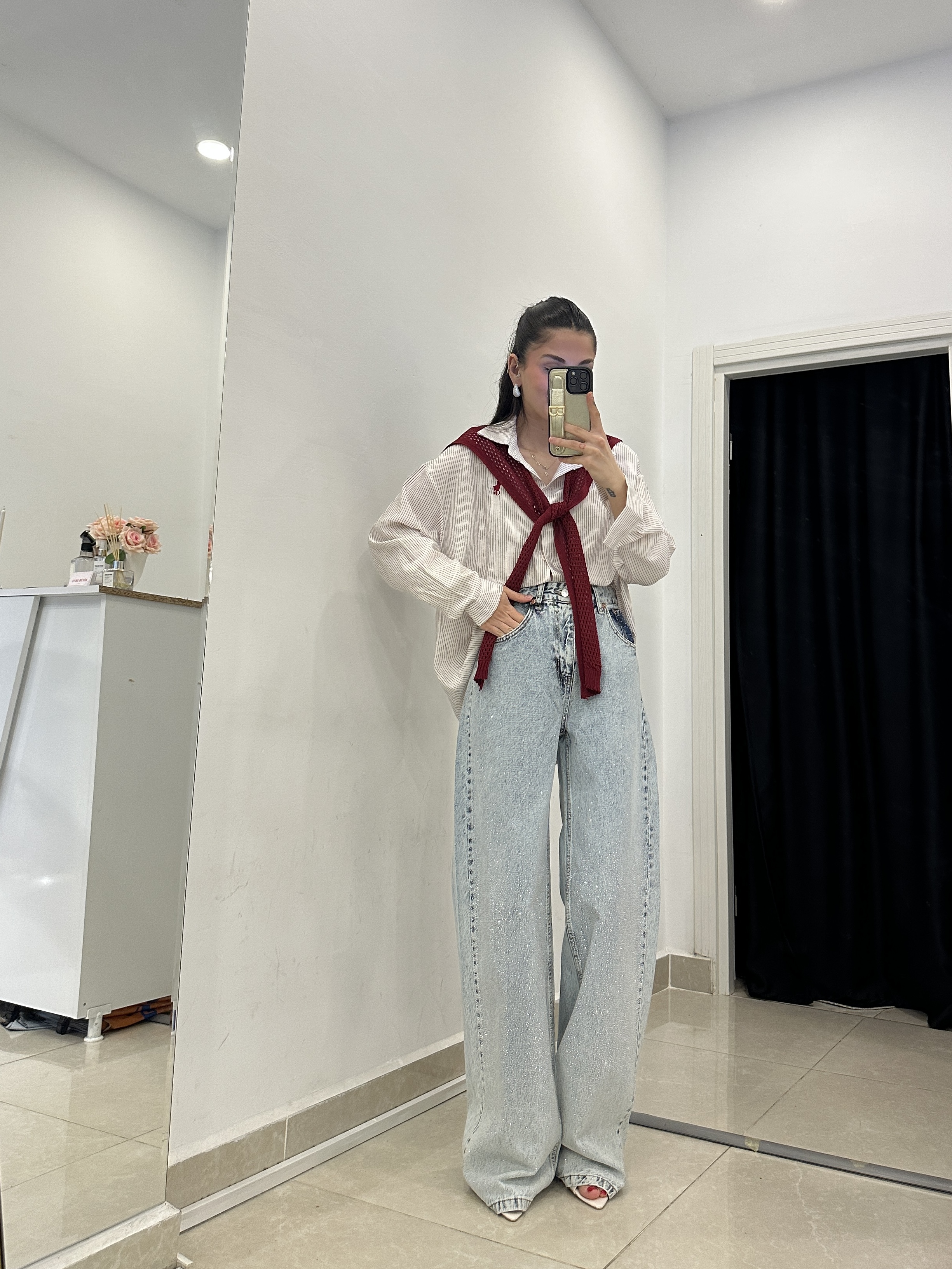 Marka Model Full Taş İşlemeli Buz Mavi Bol Paça Jean