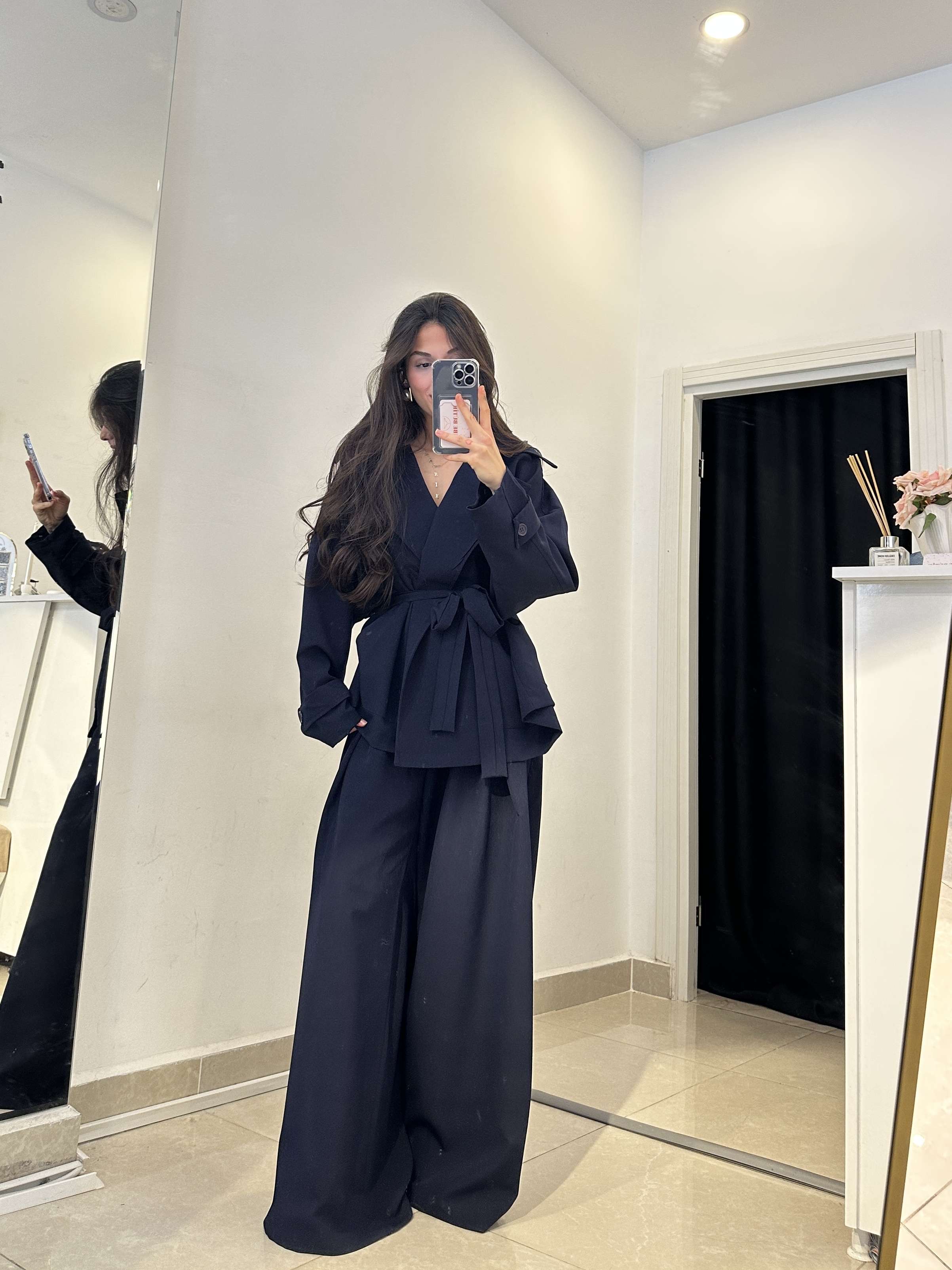 Double Kumaş Yaka Düğmeli Lacivert Oversize Takım
