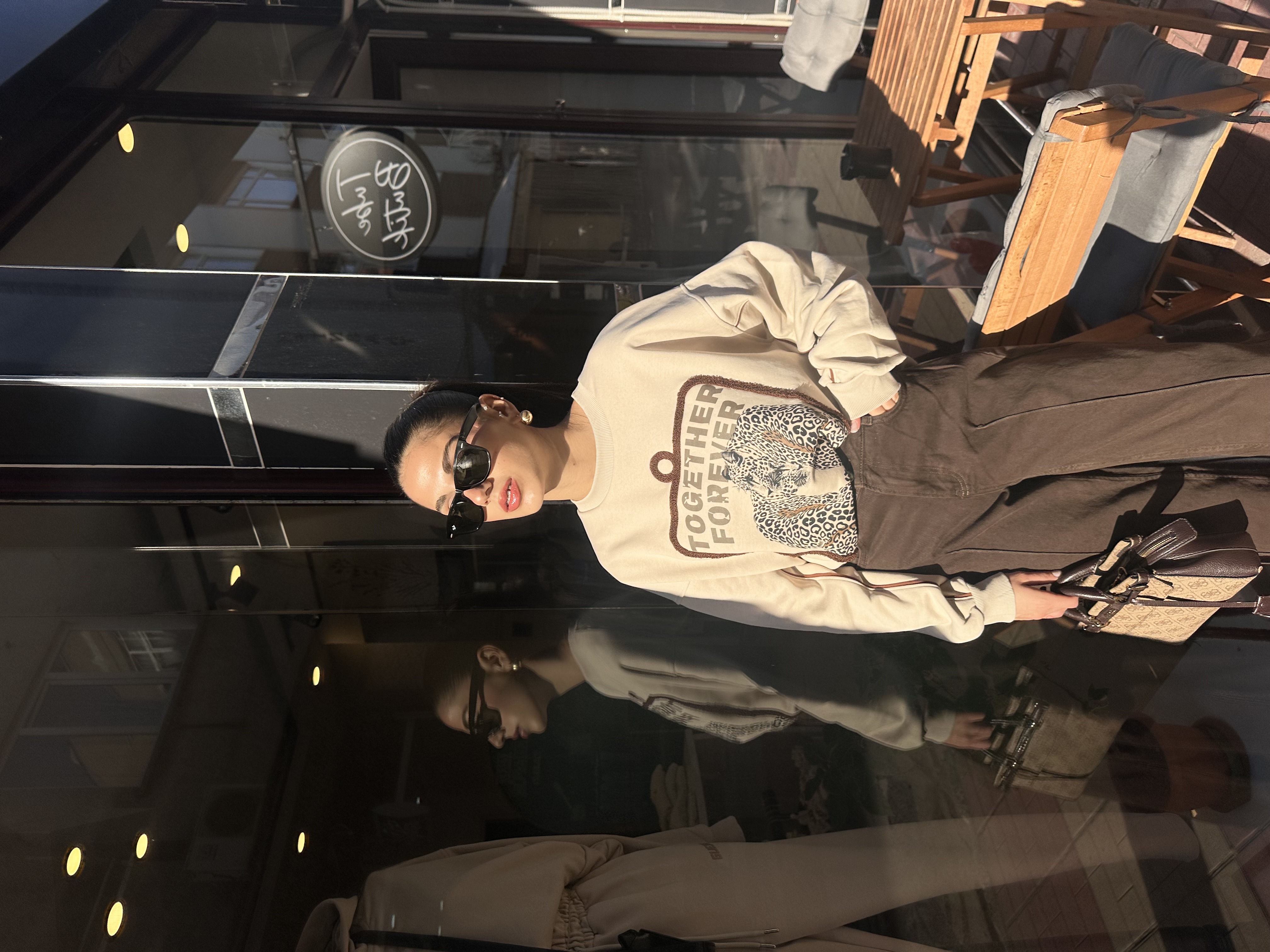 Premium Kaplan Baskılı Bej Oversize Sweatshirt