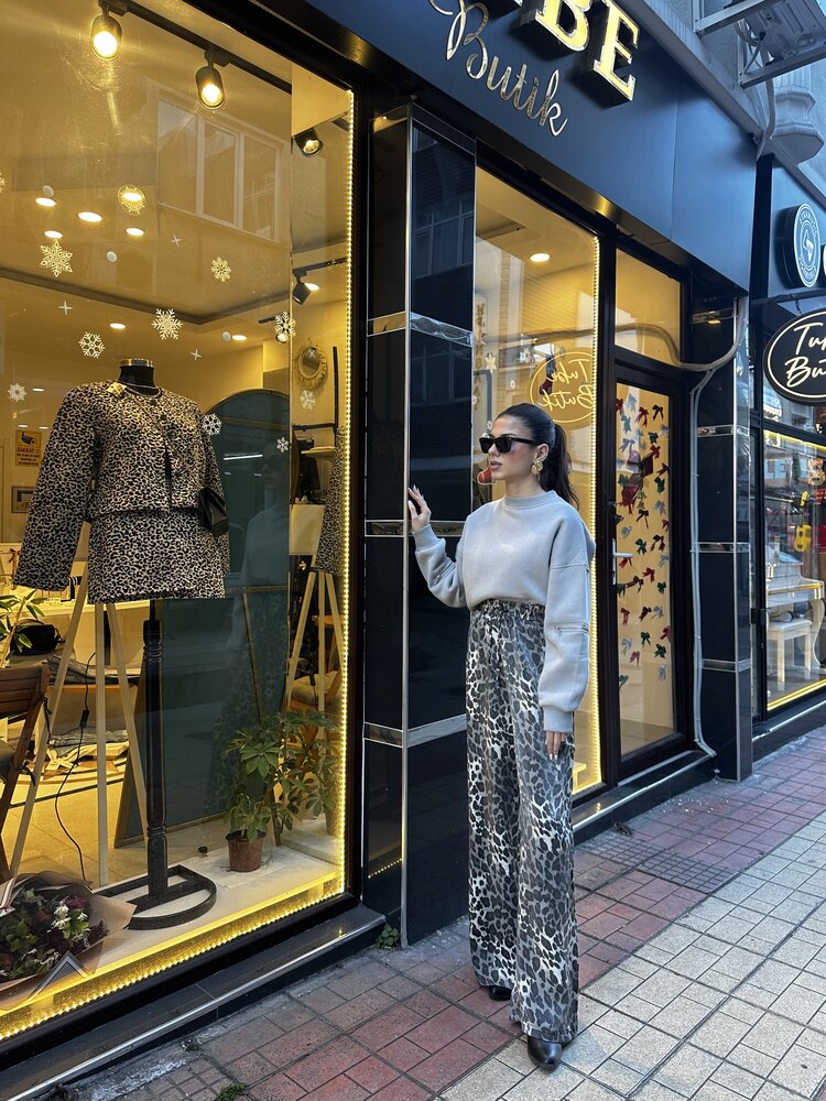 Leopar Desen Wide Leg Pantolon