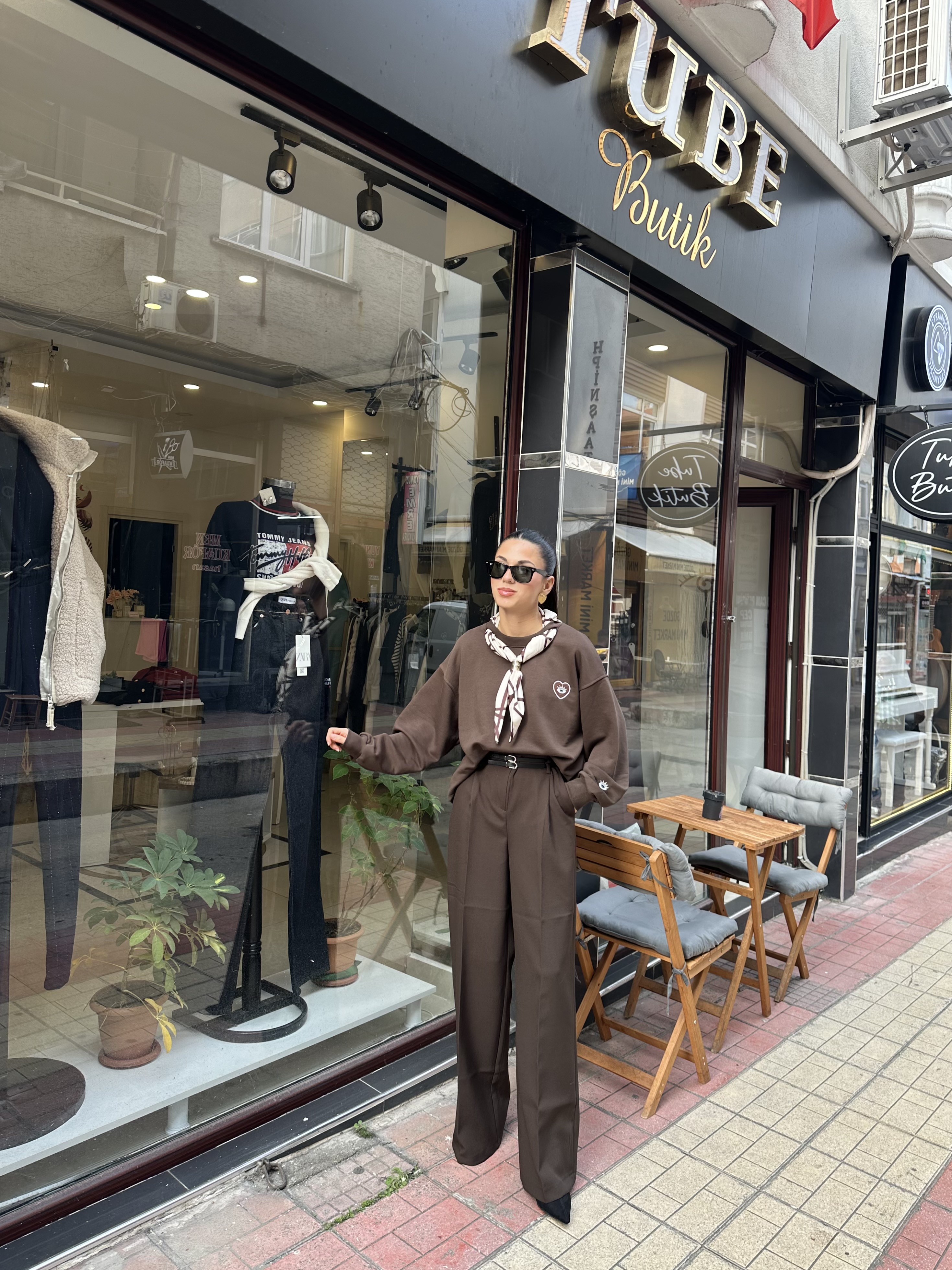 Çift Kemerli Palazzo Model Acı Kahve Kumaş Pantolon