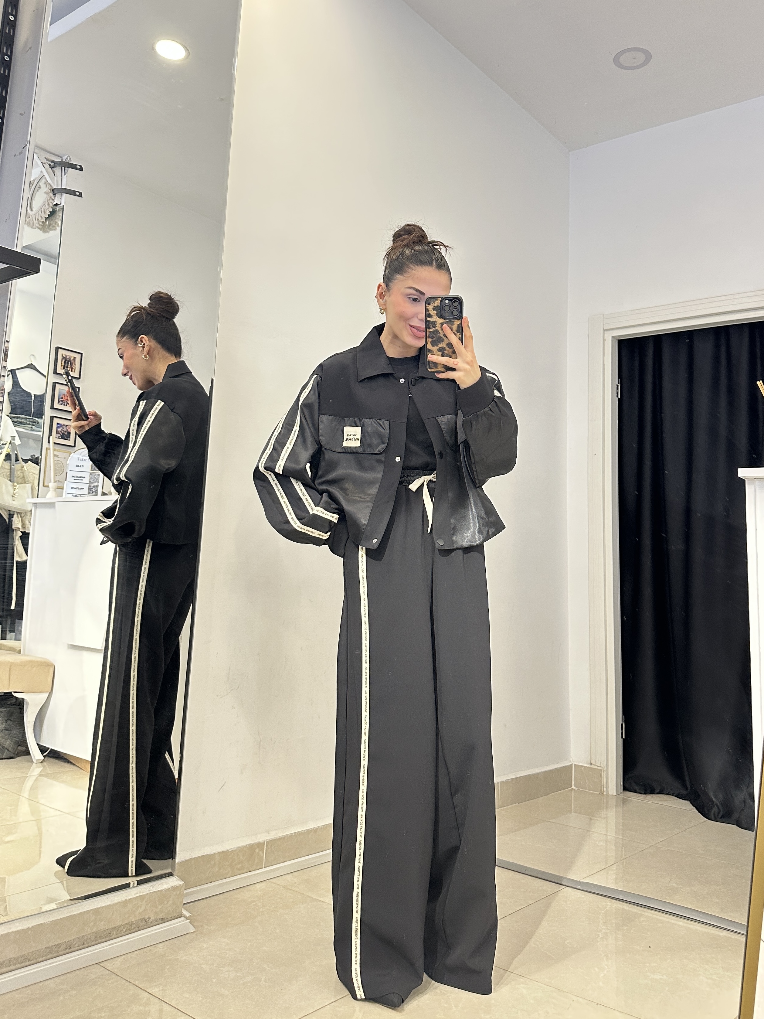 Şerit Detaylı Saten Double Kumaş Garnili Siyah Takım