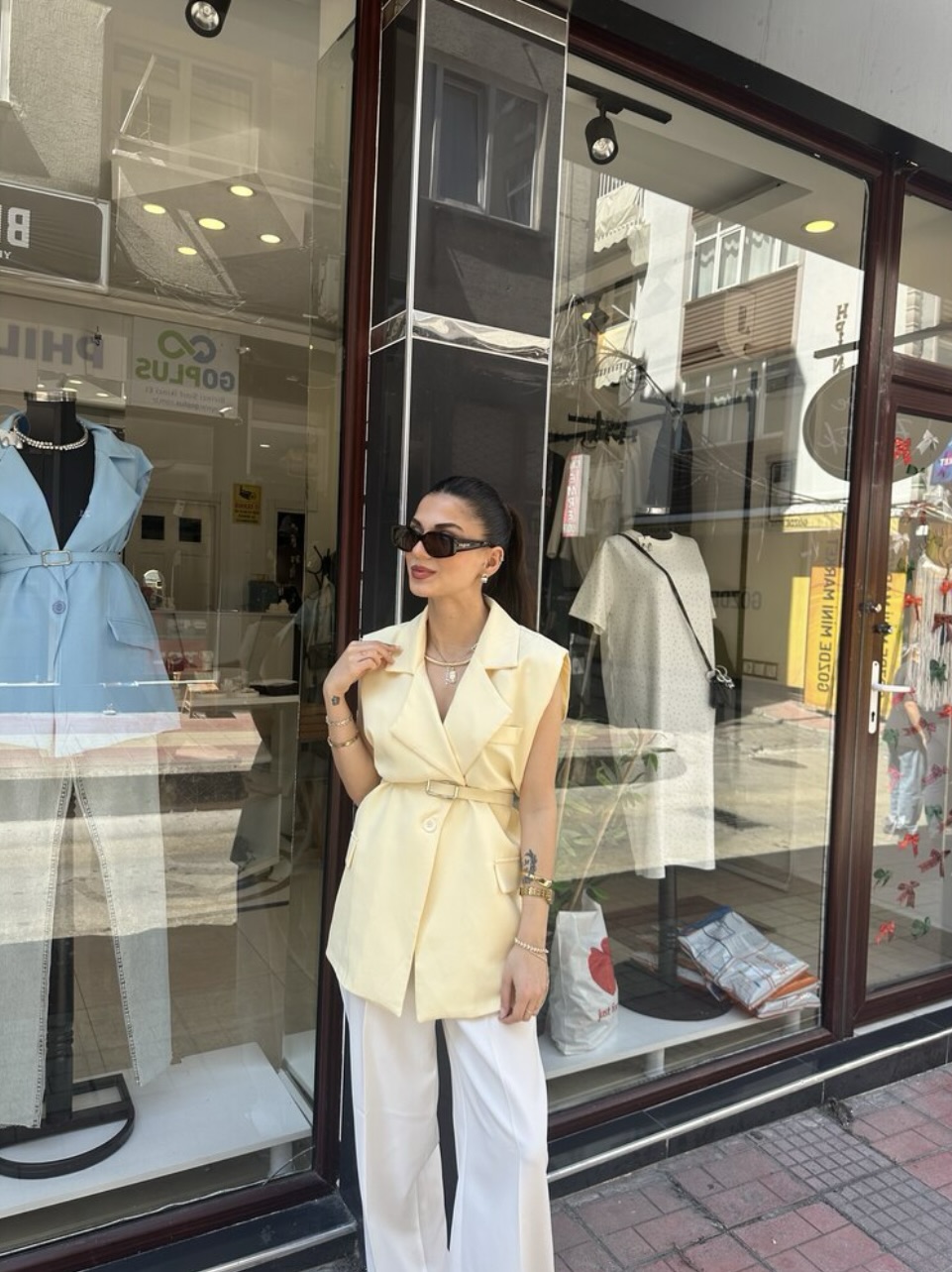 Premium Kemerli Sarı Blazer Yelek